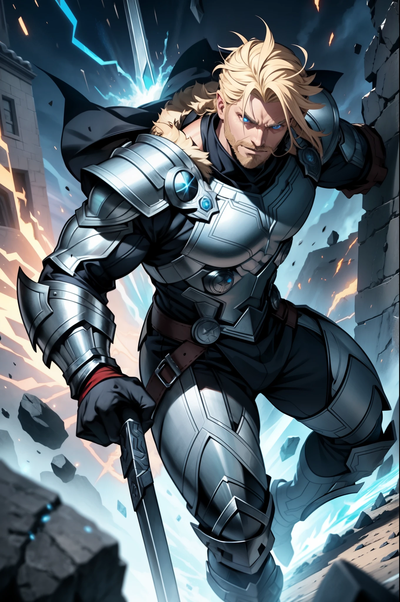 Illustrate Erik Johansson in an action pose, wielding El Martillo de Thor. He is in the midst of using the powerful hammer, with his armor and wolf fur cloak moving dynamically. His icy blue eyes are focused and intense, and his short blonde hair and beard add to his imposing appearance. Surround him with a dynamic electric aura with sparks of electricity to showcase his connection with Thor and his powerful presence in battle.
