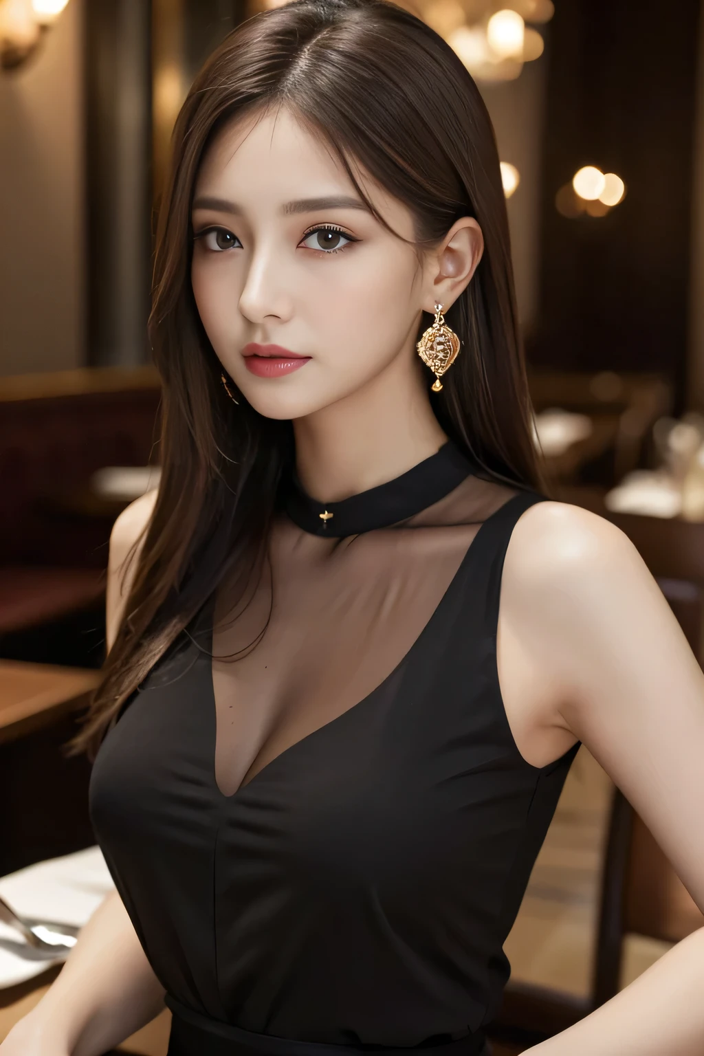 masterpiece, highest quality, Realistic, Very detailed, Finer details, High resolution, 8k wallpaper, One beautiful woman, Wear an elegant black see-through blouse, In a great restaurant, At night, Light Brown Hair, Perfect dynamic composition, Beautiful and beautiful eyes、Big earrings、Sleeveless shirt