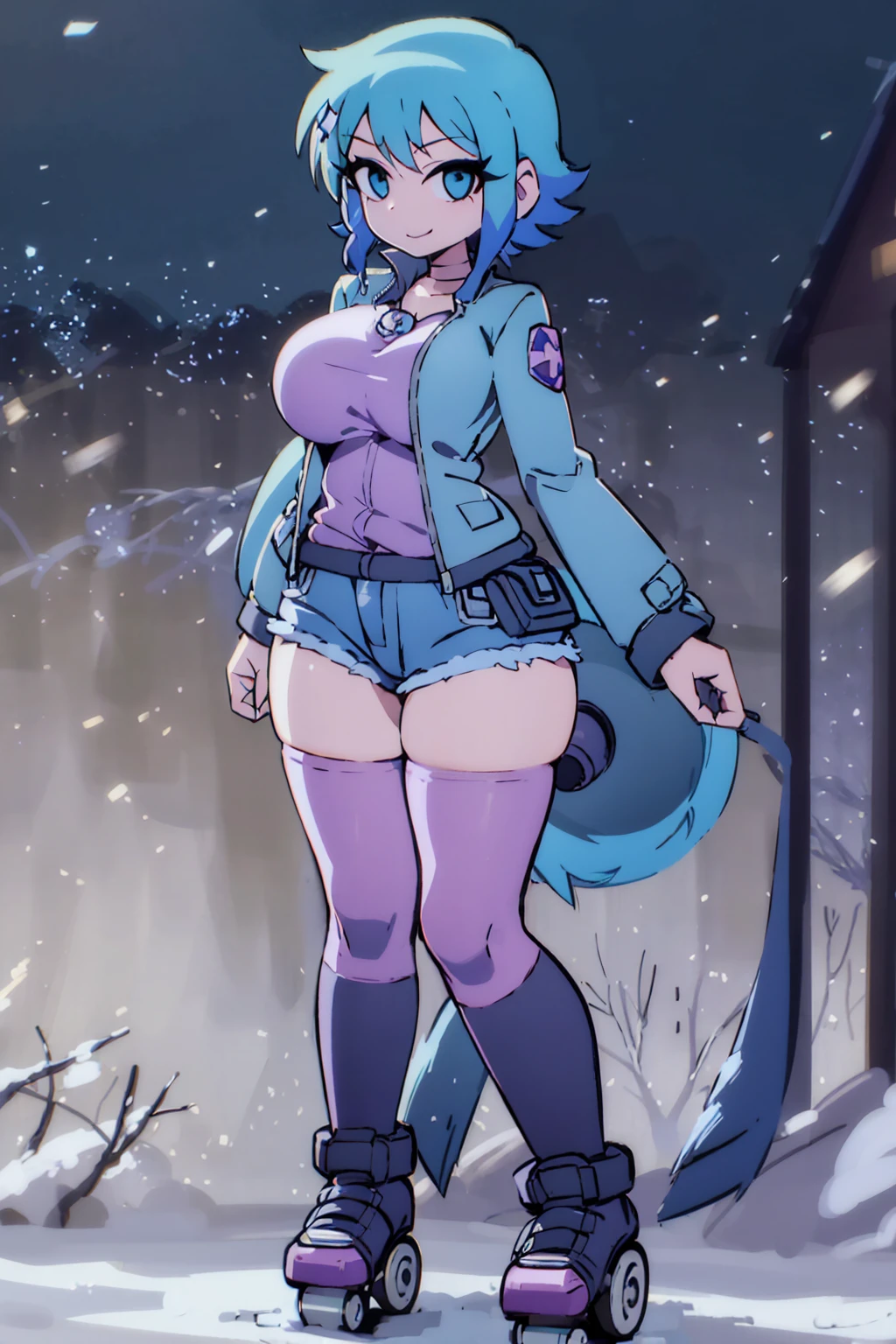 A girl Ramona Flowers shirt jacket roller skates Super huge breasts breast enlargement Smiling while standing alone in the snow watching this full-body shot