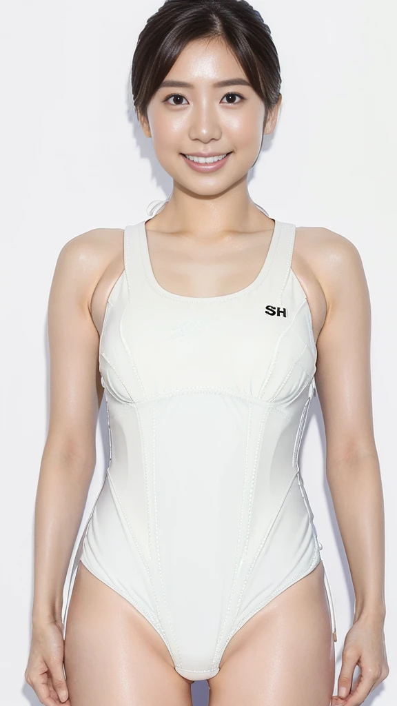(Highest quality、8k、32k)、(1 female:2)、Cute Japanese Woman,Wolf Cut Hair、Brown short hair、(Sexy white swimsuit:2),(Full Body Shot:2)、Cleavage、necklace、From above、When you look at the audience、Very delicate face、Muscular、slender、High Style、High resolution、coastline sunset、Kind eyes、Large Breasts、smile,Moisturized lips、looking at the camera、Canon Camera