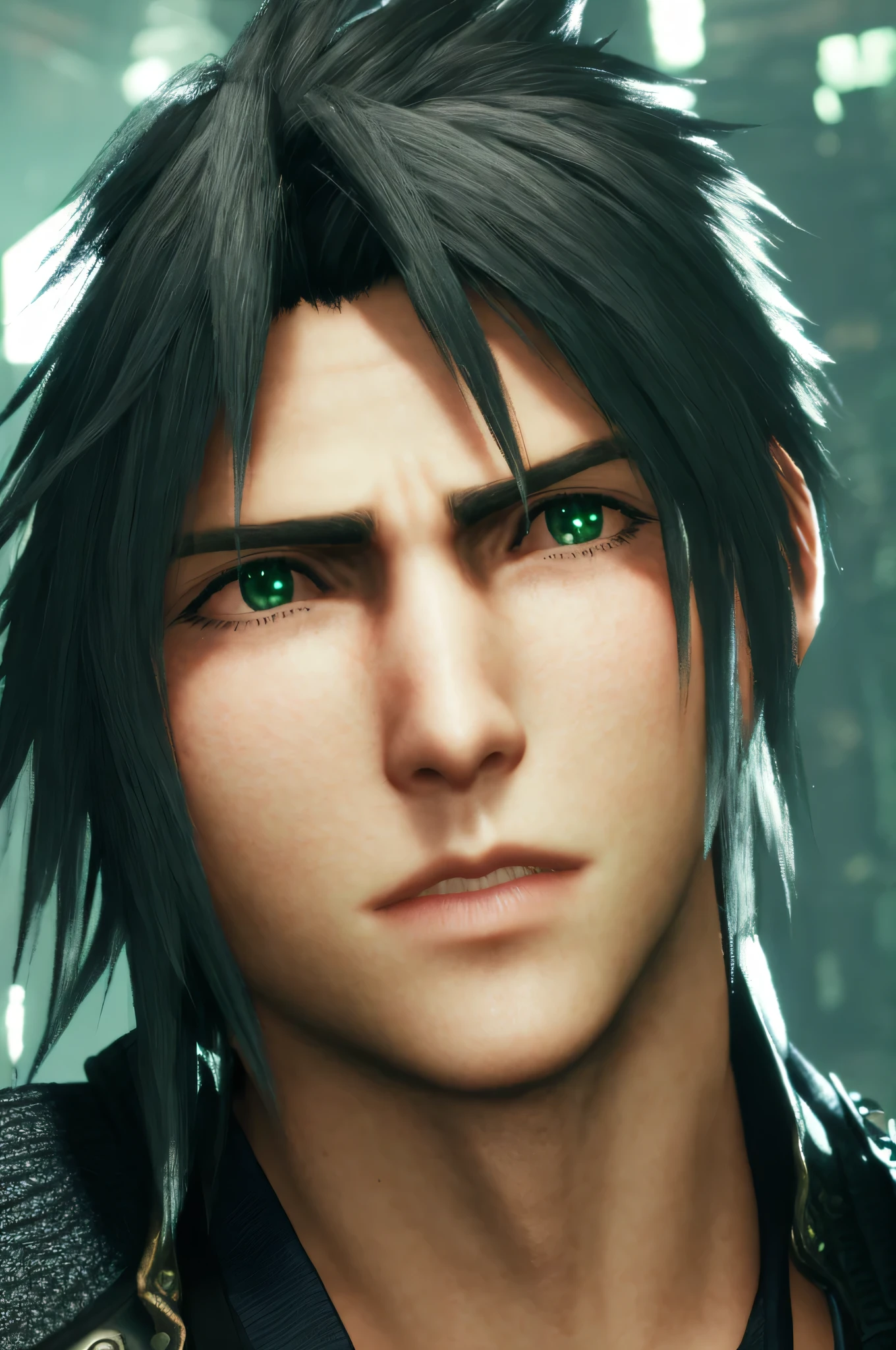 Final Fantasy VII Remake Style, boy, green eyes, black hair, high quality, high resolution, ultra quality, perfect face, 1boy, solo, beautiful eyes, detailed face, beautiful face, beautiful hair, 16k, HD.