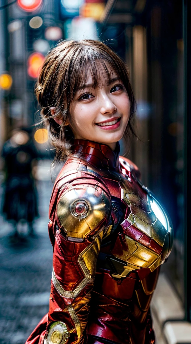(Photo Real:1.4), (hyper realisitic:1.4), (highest quality, masterpiece:1.3, ultra high resolution), (Super detailed, caustics, 8k), (photorealistic:1.4, RAW shooting), (Smooth lighting:1.05), 1 girl, (look at the camera with a smile), smiling with slightly showing teeth, Neat and clean beauty, 20 years old, cute, Japanese, Soft lighting, Back lighting, (cheerfulness:1.2), (Finest Real Textured Skins), Narrow-eyed, Super fine face, glowing skin, retinas, Anatomically correct, accurate, Super Detail, Textured skin, High quality, high details, Best Quality, High resolution, (long bronde hair), (hair tied), perfect bodies, perfect arms, Perfect fingers, perfect legs, perfect hair, Realistic skin texture, ((wearing a iron-man super hero costume)), (wearing piercing), (wearing necklace), (perfect necklace), (perfect piercing), cleavage, (lens flare), (Street in Tokyo at night), face focus, Natural light, Backlight, (A bright light shines from above), full body