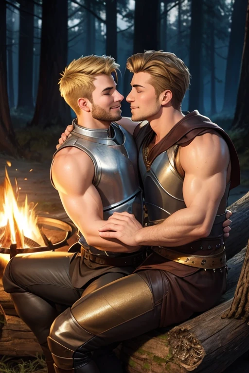 2 men, Photo-realistic. A pleased 24-year-old male, medieval warrior, with shaved blonde hair, stubble, and closed eyes, wearing sleeveless, metal armor, arm around, cuddling, kissing a smiling lovingly, 19-year-old, fit, handsome, medieval man with shaved, brown hair, slight stubble, and closed eyes, wearing sleeveless gray and gold tunic, and tan leather pants.  They sit close together on a log, in a wooded field, in front of a campfire, at night.  Masculine, sexy, men in love, with big bulging pants.