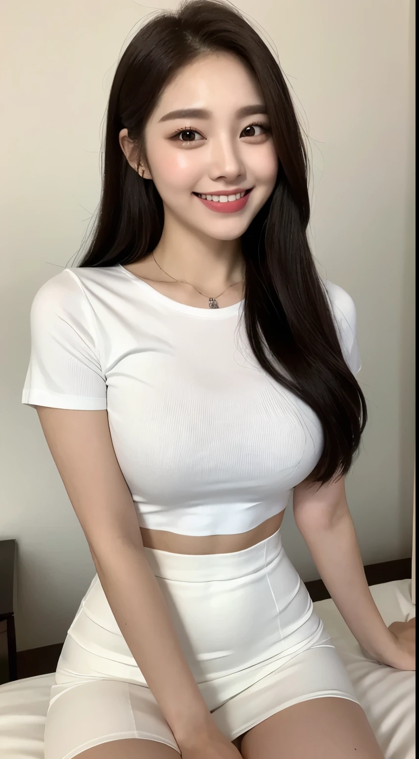 White tight shirt、White tight mini skirt、bed、smile、Short sleeve、high resolution、Korean idol face、double eyelid、White teeth