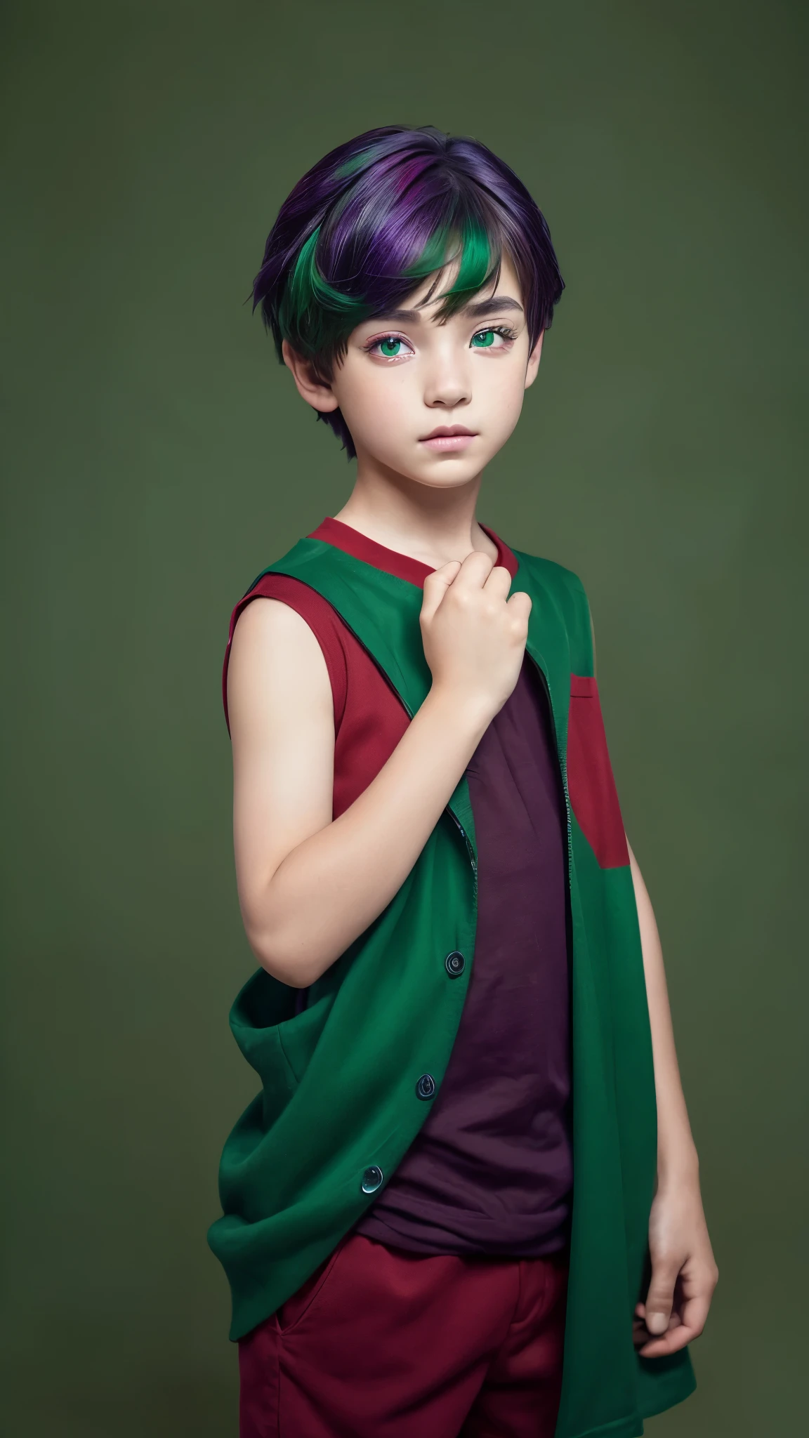 ((((No background)))),One boy,Are standing,  short hair, Dark purple hair, (((Heterochromia,red&green))),Best, green Clothes,