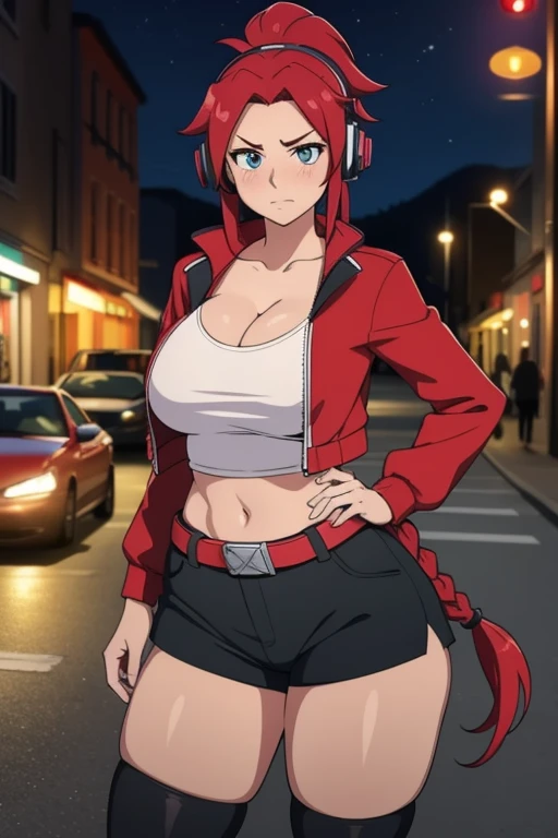 20 year old woman, busty, bubble butt, hourglass figure, skinny, blushing, frustrated expression, horny, confused, long hair, red hair, braided ponytail hair, wearing whit tshirt, cropped red jacket, hotpants, brown belt, black tights, red heeled boots, tight fitting clothing, cleavage, anime, city at night, outside, headphones,