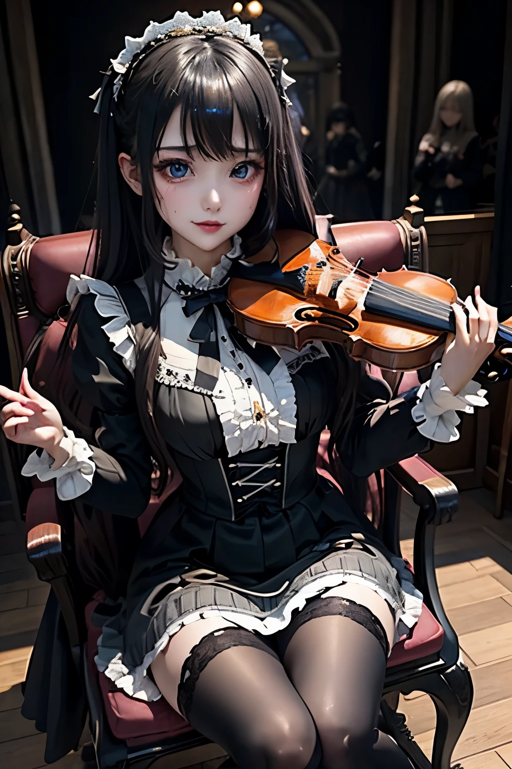 ハードDark Gothicメイク、Deep Night Sky、Horror、Black dark eyeshadow、sad、Good skin radiance、Dark Gothicメイク、Dark smile、palace、24-years-old、Embarrassed look、Dark Gothic、Obscene language、highest quality、Drunk face、紫のMaid clothes、Mysterious、Noble、sexy、Loving smile、Right blue eye, Left eye is red、Platform Heel Shoes、Heavy makeup、Gothic Lolita Clothing、Silver Hair、Long Hair Straight Hair、Cute Gothic Lolita Dress、Beautiful Face、elegant features、Fascinating face、Stained glassが背景、Chest glistening with sweat、The room is dark、gothic long dress、Bell Sleeves、Wizard Sleeve、Decadent look、Sexually excited expression、Glossy thighs wet with water、Thighs that are wet and shiny with oil、Background of a room full of roses、The embroidery is pink、The dress has pink embroidery、Thigh-high socks、Knee-high socks、Gentle expression、Dark black eyeshadow、Stained glassと薔薇背景、Female Duo、Female couple、dark church background、Stained glass、Black metal world、Dark Castle、Slender body、gothic long dress、Maid clothes、Victorian dresses、Her thighs glisten with sweat、My body is wet and shiny、Lots of glitter on the thighs、My thighs are sticky from sweating、Sweat glistens on the thighs, The whole body is sweaty and shiny、Quite sweaty、My thighs are sweaty、My thighs are so wet、My thighs are shining with sweat、A lot of sweat glistens all over the body、Small breasts、Orchestra StageStage、Dynamic Angle、sitting on a gothic chair、Play the violin gracefully、With a violin、Press the violin strings、violinist、orchestra performance、Thin thighs、slender、Violin body and strings、Sit on a chair、pantyhose、Hime cut straight hair、