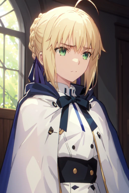 best quality, masterpiece, highres, solo, {saber_fatestaynightufotable:1.15}, blonde_hair, ahoge, green_eyes, ribbon, hair_ribbon, braid, blue_ribbon, short_hair, 1girl, hood, cape, hood_up, raincoat, yellow_raincoat, cloak, armor, upper_body