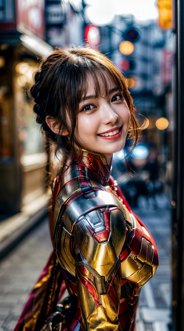 (Photo Real:1.4), (hyper realisitic:1.4), (highest quality, masterpiece:1.3, ultra high resolution), (Super detailed, caustics, 8k), (photorealistic:1.4, RAW shooting), (Smooth lighting:1.05), 1 girl, (look at the camera with a smile), smiling with slightly showing teeth, Neat and clean beauty, 20 years old, cute, Japanese, Soft lighting, Back lighting, (cheerfulness:1.2), (Finest Real Textured Skins), Narrow-eyed, Super fine face, glowing skin, retinas, Anatomically correct, accurate, Super Detail, Textured skin, High quality, high details, Best Quality, High resolution, (long bronde hair), (hair tied), perfect bodies, perfect arms, Perfect fingers, perfect legs, perfect hair, Realistic skin texture, ((wearing a iron-man super hero costume)), (wearing piercing), (wearing necklace), (perfect necklace), (perfect piercing), cleavage, (lens flare), (Street in Tokyo at night), face focus, Natural light, Backlight, (A bright light shines from above), full body