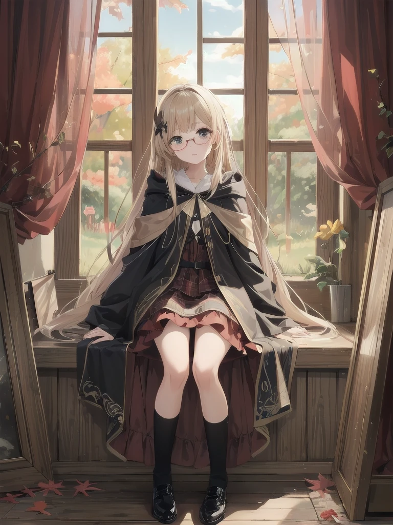 (Masterpiece, top quality, highest quality, official art, beautiful and aesthetic: 1.2), (masterpiece、top-quality、illustratio、Extremely high quality、high-level image quality、Extremely sensitive writing) 1 girl, solo, autumn red leaves, She has long, slight wave light blonde hair,She wears her hair in a half up, half down wedding style and her bangs long layered hairstyles with curtain,In her hair, she has a hairpin in the shape of a small butterfly, but the butterfly is decorated with gear details, she has amber eyes, outfit is pale brown and brown with a cosmic latte shirt inside and embroidered plaid dress in espresso color and short woolen cloak bronze color and on her woolen cloak with a pair of knee-length socks and black shoes,wears a pair of round glasses and frames are quite