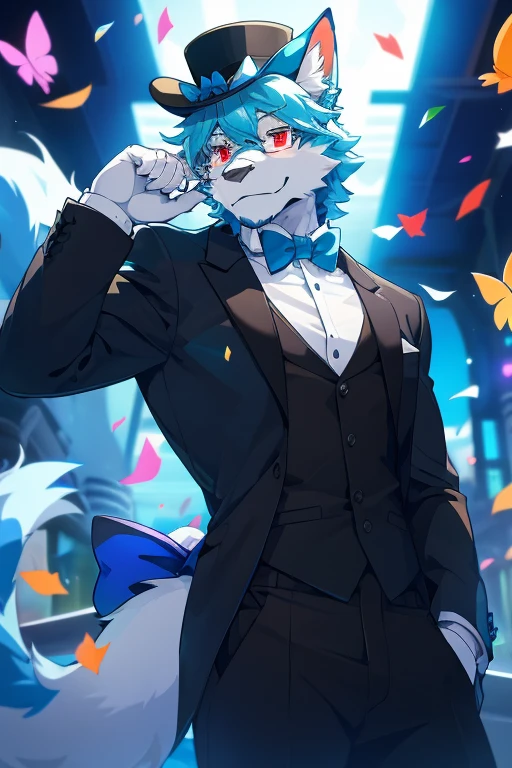 best quality, masterpiece, male, handsome, short, antropomorfic Cyan white Coyote, normal furry body, black comfetti white and blue top hat, a blue bow tie, orange party glasses and confetti jet-pack, formal dark blue party outfit. red eyes, a big white and sharp bone tail, blue ears, white chest. He has confetti stuck in his fur, looking at the camera  hotding his top hatwhile a lot of butterflies and confetti fly around him.