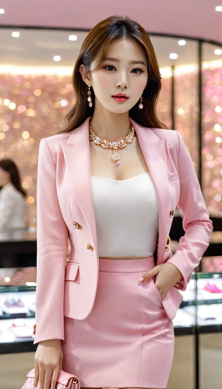 Full body,side view of beautiful korean female, 34 inch breasts size, Height 172 cm,wearing pink suit, and short skirt, Sitting on a chair in a luxury jewelry store,, bokeh background, UHD