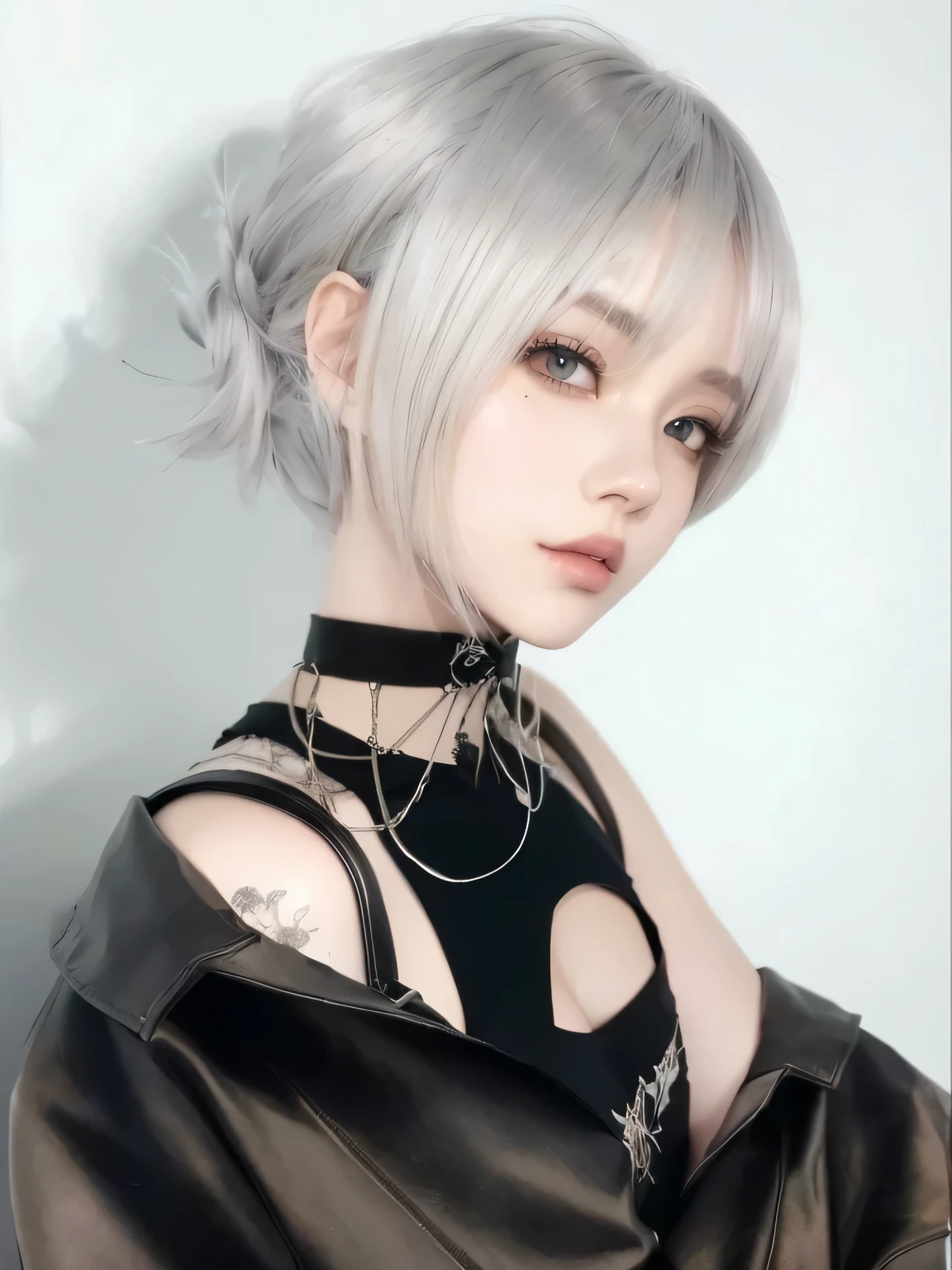 mulher loira com blusa preta e jaqueta de couro preta, Estilo animed, estilo anime 3 d realista, artwork in the style of Guweiz, inspirado em anime, Estilo anime. 8K, estilo de realismo de anime, Guweiz, Estilo anime, estilo de arte de anime realista, 2b, 2b,  cabelo prateado, Estilo anime only, garota de cabelo prateado