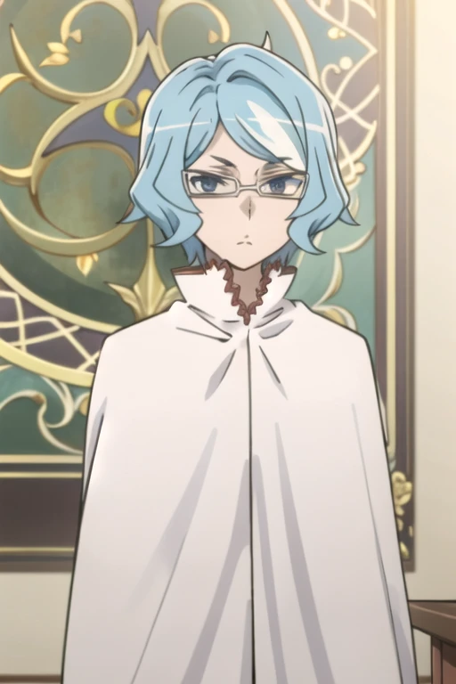 tall body, tall, long legs, mature female, mature, adult, eft_danmachi_blue, glasses, 1girl, female focus, solo, upper body, looking at viewer, frown, blue hair, blue eyes, grey hair, parody, short hair, white cape, closed mouth, expressionless, anime coloring