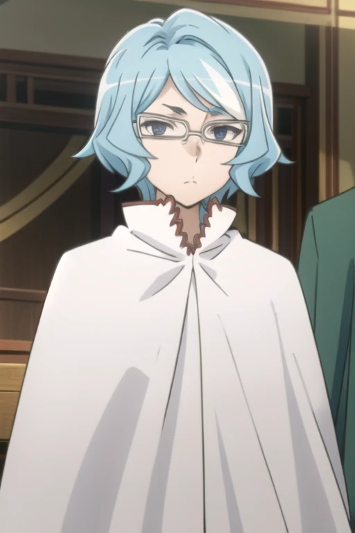 tall body, tall, long legs, mature female, mature, adult, eft_danmachi_blue, glasses, 1girl, female focus, solo, upper body, looking at viewer, frown, blue hair, blue eyes, grey hair, parody, short hair, white cape, closed mouth, expressionless, anime coloring