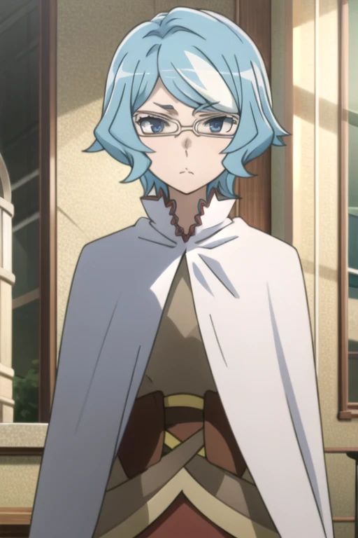tall body, tall, long legs, mature female, mature, adult, eft_danmachi_blue, glasses, 1girl, female focus, solo, upper body, looking at viewer, frown, blue hair, blue eyes, grey hair, parody, short hair, white cape, closed mouth, expressionless, anime coloring