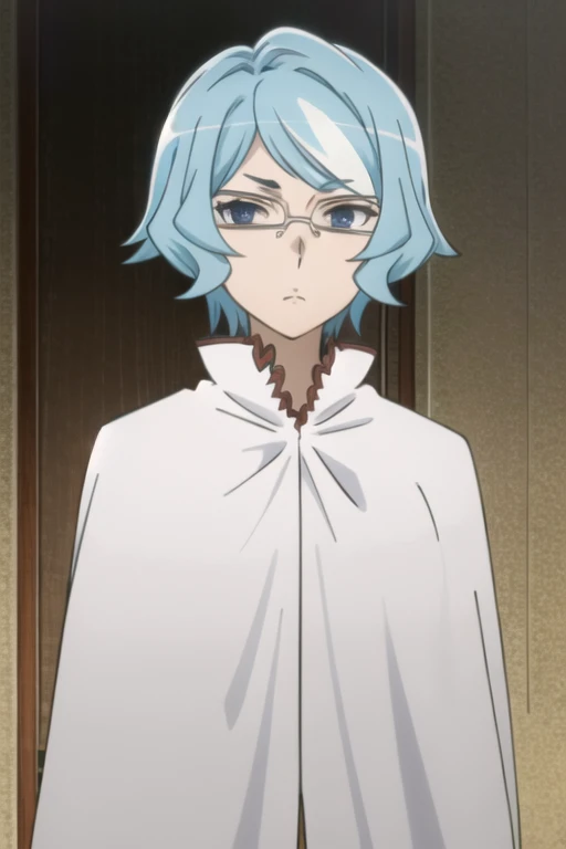 tall body, tall, long legs, mature female, mature, adult, eft_danmachi_blue, glasses, 1girl, female focus, solo, upper body, looking at viewer, frown, blue hair, blue eyes, grey hair, parody, short hair, white cape, closed mouth, expressionless, anime coloring