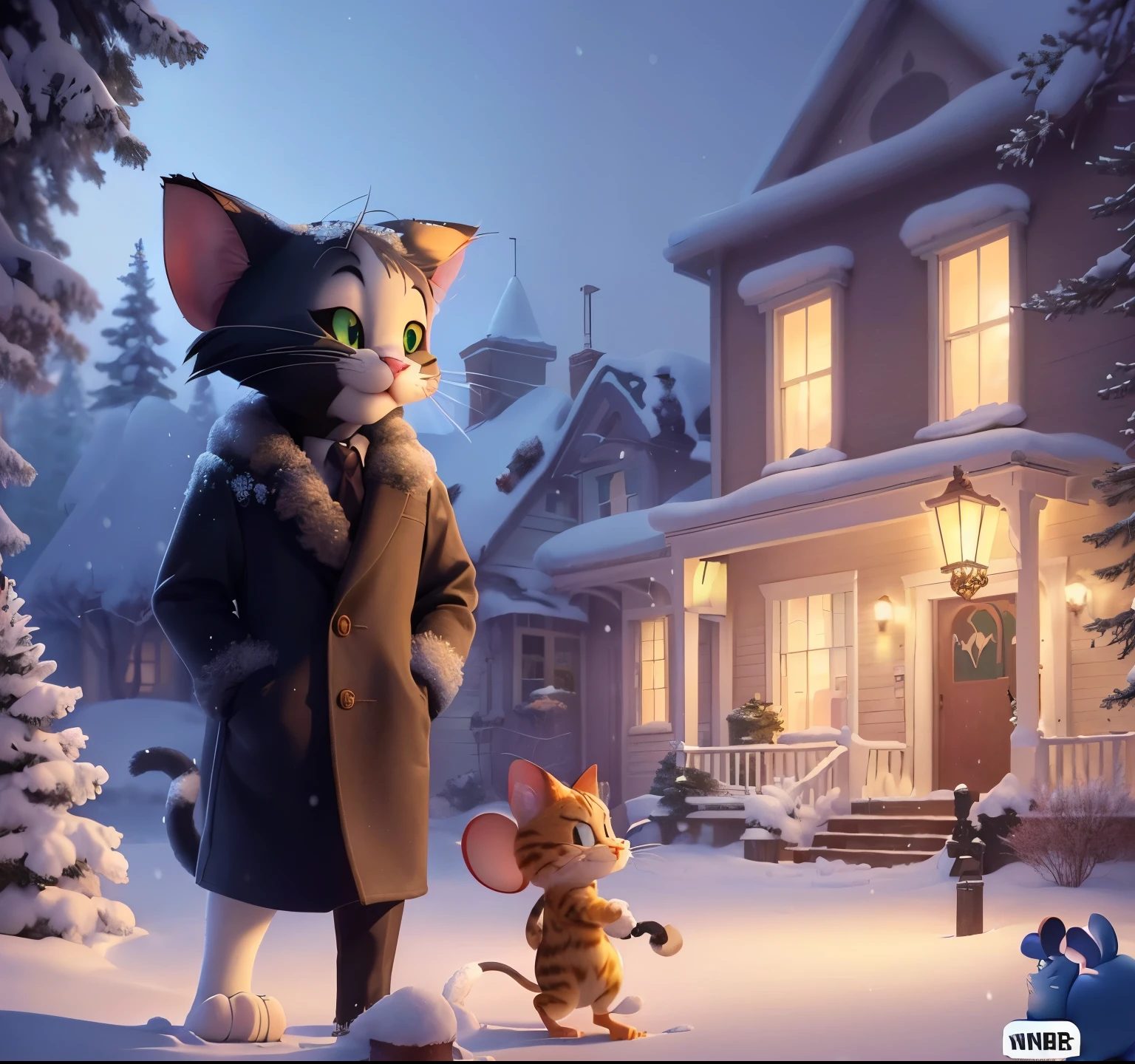 cartoon cat and mouse in front of a house in the snow, tom and jerry, real-life tom and jerry, by Pixar, by Bob Singer, official art, production art, in style of disney animation, genndy tartakovsky, animated movie shot, by Jim Davis, 3 d animated movie, animated movie, disney render, high detailed cartoon