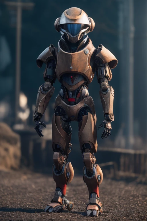 Tall, red-skinned alien, disfigured like a Fallout ghoul, with robotic helmet, and robotic armor, and sniper gloves. He is holding a Sniper