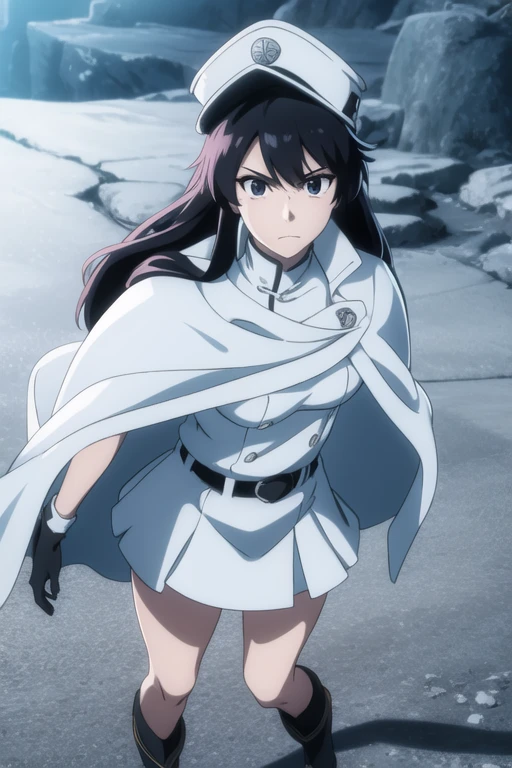 bambietta, bambietta basterbine, long hair, black hair, (black eyes:1.5), (medium breast:1.2),
BREAK skirt, gloves, boots, belt, cape, cloak, white cloak, hat, cap,
BREAK looking at viewer,
BREAK outdoors,
BREAK (masterpiece:1.2), best quality, high resolution, unity 8k wallpaper, (illustration:0.8), (beautiful detailed eyes:1.6), extremely detailed face, perfect lighting, extremely detailed CG, (perfect hands, perfect anatomy),