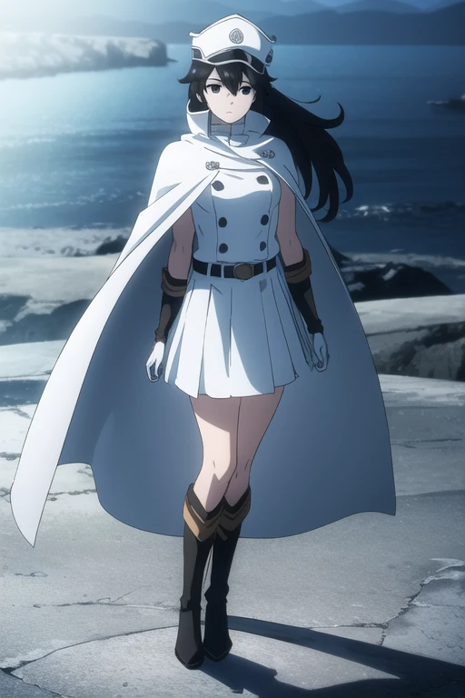 bambietta, bambietta basterbine, long hair, black hair, (black eyes:1.5), (medium breast:1.2),
BREAK skirt, gloves, boots, belt, cape, cloak, white cloak, hat, cap,
BREAK looking at viewer,
BREAK outdoors,
BREAK (masterpiece:1.2), best quality, high resolution, unity 8k wallpaper, (illustration:0.8), (beautiful detailed eyes:1.6), extremely detailed face, perfect lighting, extremely detailed CG, (perfect hands, perfect anatomy),