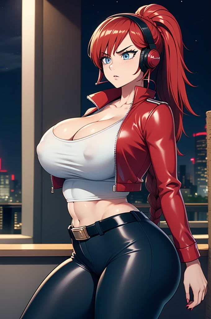 20 year old woman, busty, bubble butt, hourglass figure, skinny, blushing, frustrated expression, horny, confused, long hair, red hair, braided ponytail hair, wearing black headphones, white tshirt, cropped red jacket, blue hotpants, brown belt, black tights, red heeled boots, tight fitting clothing, cleavage, anime, city at night, outside, headphones,