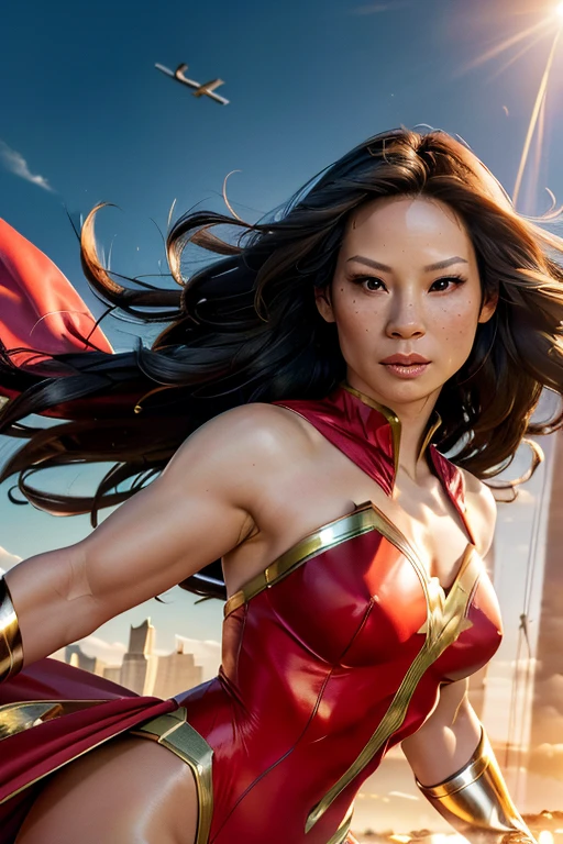 Lucy Liu cosplay as Shazam, Hero Flying Woman, Masterpiece, Best Quality, High Contrast, (Photorealistic:1.4), 8k High Definition Detailed Realistic, (Best Quality, Masterpiece:1.2), Physically-Based Rendering, Best Quality, Highly Detailed, 1 Woman, Caped, Flying, ((Upper Body in Motion, Muscular Frame)), ((Colorful Costume, Bright and Vibrant)), legacy effects, Cinematic Lighting, ((Dynamic Poses, Flying Postures)), (Beautiful Face, Strong Jawline, Defined Cheekbones), ((Long, Wavy Hair, Hair Trails behind)), (((