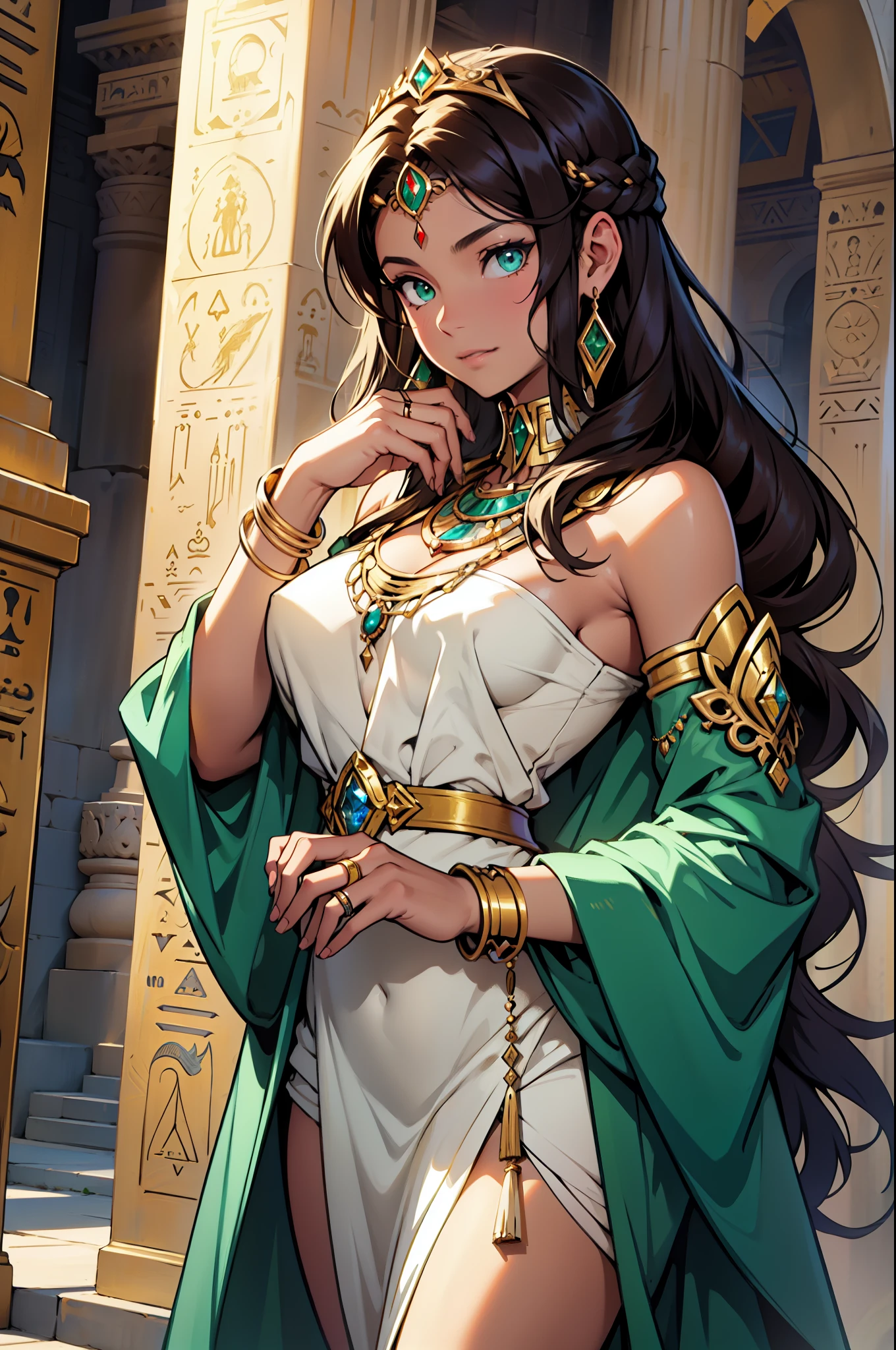 Create a high-fantasy character portrait of Leila El-Sayed, a brilliant member of the Relic Hunters, wielding the Ring of Solomon. She has an oval and elegant face with fine, well-defined features, and a soft bronze skin tone reflecting her Egyptian heritage. Her expression is serene, often with a slight enigmatic smile. Her large, emerald green eyes shine with deep intelligence and a mystical connection, and her long, wavy, dark brown hair cascades down to her lower back, often adorned with golden accessories. Leila stands about 1.65 meters tall with a slender and graceful figure. She wears elegant, lightweight robes inspired by ancient Egypt, made of fine fabrics with gold and blue motifs, including a long tunic with embroidered details and a lightweight shawl draped over her shoulders. She wears the Ring of Solomon on her right ring finger, a golden ring with a large sapphire at its center, surrounded by ancient inscriptions. Additionally, she adorns herself with several gold bracelets and necklaces with precious gems, and long earrings that complement her outfit. She is surrounded by a golden, ethereal aura that sometimes manifests as a soft glow or a light golden mist around her, emitting a sense of wisdom and mystery, reflecting her connection with the Ring of Solomon and her mastery over spirits and ancient knowledge.