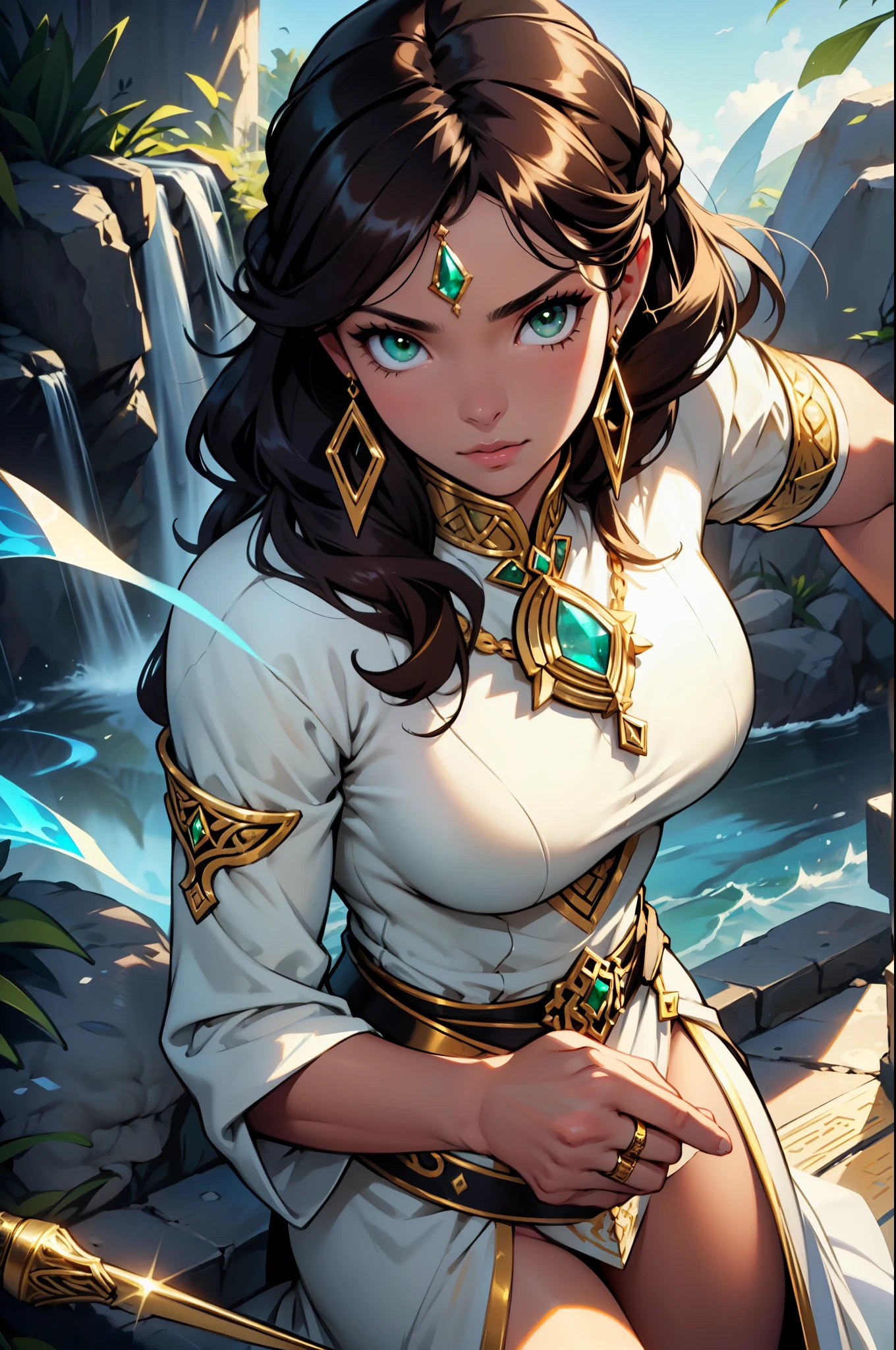 Create a detailed close-up portrait of Leila El-Sayed, the Relic Hunter who wields the Ring of Solomon. She has an oval and elegant face with fine, well-defined features, and a soft bronze skin tone. Her large emerald green eyes shine with deep intelligence, and her long, wavy, dark brown hair cascades down her back, often adorned with golden accessories. Add a subtle golden, ethereal aura around her to emphasize her connection with the Ring of Solomon and her mystical presence.
