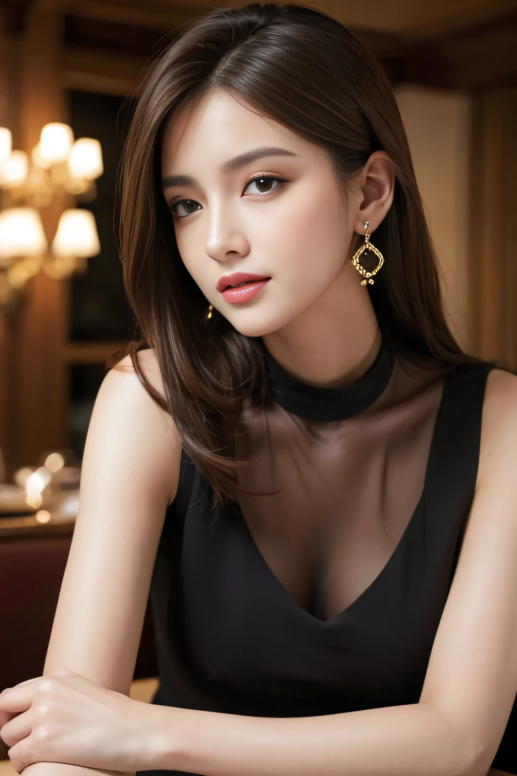 masterpiece, highest quality, Realistic, Very detailed, Finer details, High resolution, 8k wallpaper, One beautiful woman, Wear an elegant black see-through blouse, In a great restaurant, At night, Light Brown Hair, Perfect dynamic composition, Beautiful and beautiful eyes、Big earrings、Sleeveless shirt、