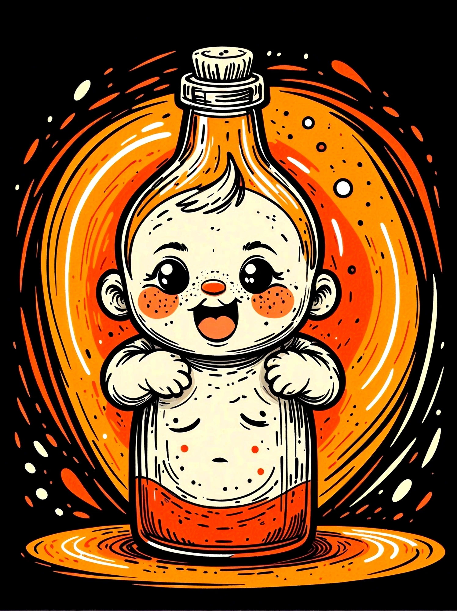 Cartoon hand drawn, baby, solo, cry,Bottle in hand,The color palette is in red, orange and black tones and has a sketchy style, The background should have a simple hand-drawn doodle pattern