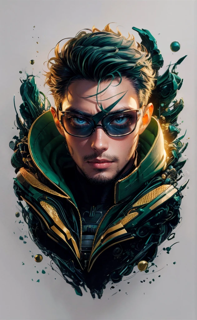 Prompt: Create an ultra-detailed 8K image of a futuristic guy with wraparound glasses, illustrated in anime style. The character should be set against a white background, with the primary color palette consisting of green, gold, and black. The face should be highly detailed, with particular attention to the eyes, nose, and lips, capturing the beauty and intricacy of the character. The image should be photorealistic, with high quality and cinematic lighting that enhances the vibrant colors. The character should be in a dynamic pose, exuding a sense of motion and energy, fitting within a sci-fi, digital art context.

Style and Details:

	•	Anime style
	•	Futuristic guy with wraparound glasses
	•	White background
	•	Green, gold, and black color palette
	•	Detailed face with eyes, nose, and lips
	•	Beautiful, detailed character
	•	Photorealistic quality
	•	8K resolution, high quality, ultra-detailed
	•	Cinematic lighting
	•	Vibrant colors
	•	Dynamic pose
	•	Sci-fi, digital art