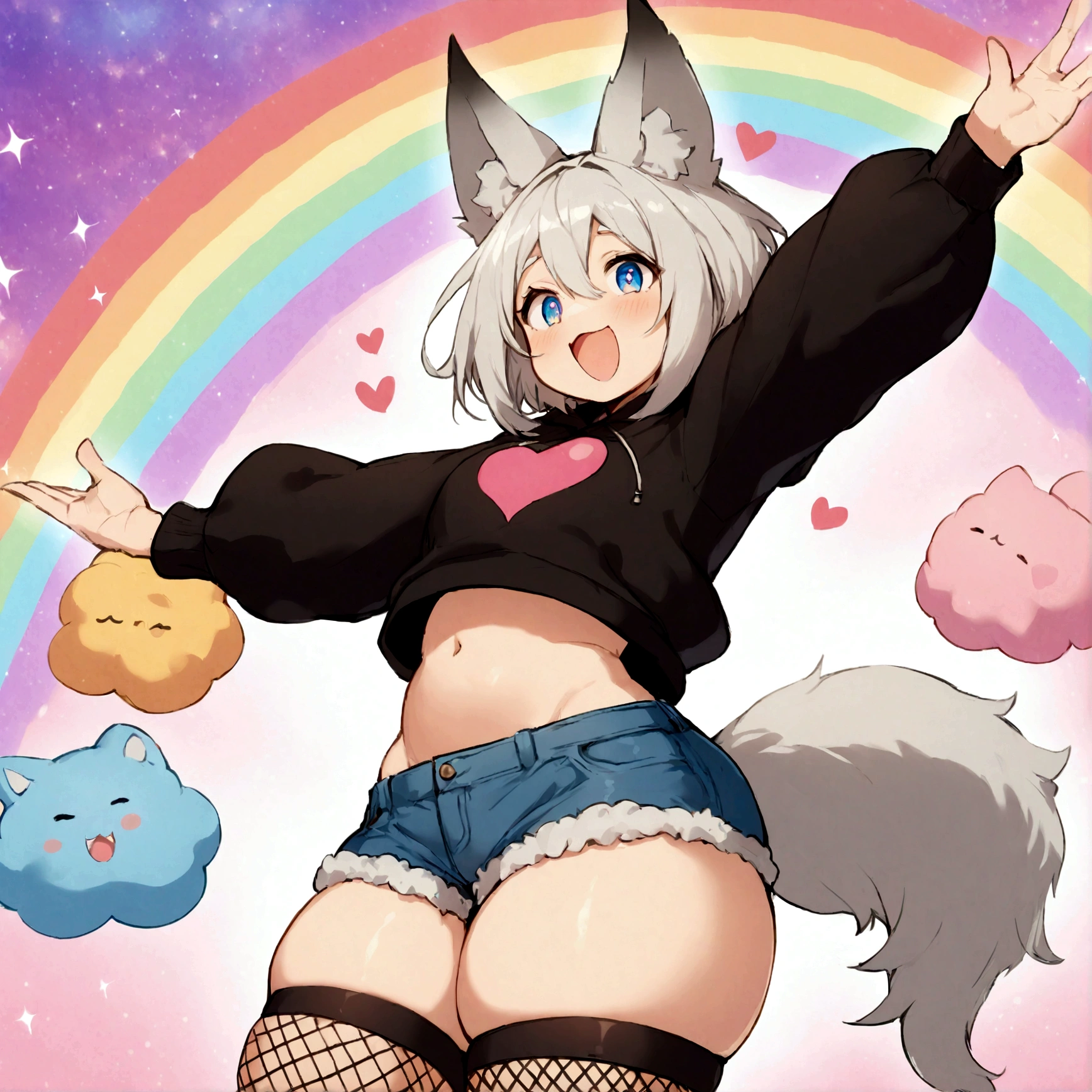 a cute adult male with wolf ears, white hair, has a wolf tail, wearing a loose cropped oversized black hoodie, wearing a pair of denim short shorts and thigh high fishnet stockings, thick thighs, wide hips, relaxing on mound of fluffy multi colored kawaii plushies, short, very slim, showing slender tummy, stretching out, heart on hoodie, squishy thighs, has glowing blue eyes. alone, solo (ALONE)(SOLO), surrounded by rainbows, colorful galaxy backround, mouth wide open grin, very happy, excited, nice butt