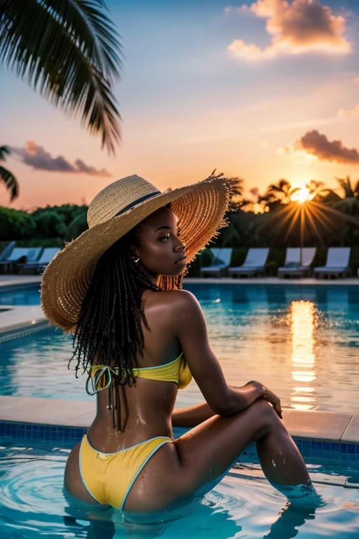 a young caribbean woman sitting in the swimming pool looking at the sunset, picture from behind with a large straw hat beautiful , elegant pose, swimsuit, water splashing, sunset sky, vivid colors, dramatic lighting, photorealistic, 8k, high quality, masterpiece