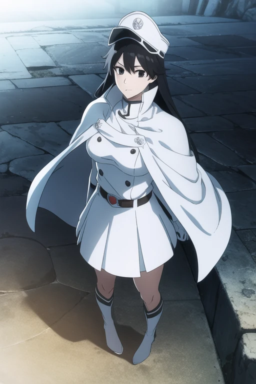 bambietta, bambietta basterbine, long hair, black hair, (black eyes:1.5), (medium breast:1.2),
BREAK skirt, gloves, boots, belt, cape, cloak, white cloak, hat, cap,
BREAK looking at viewer,
BREAK outdoors,
BREAK (masterpiece:1.2), best quality, high resolution, unity 8k wallpaper, (illustration:0.8), (beautiful detailed eyes:1.6), extremely detailed face, perfect lighting, extremely detailed CG, (perfect hands, perfect anatomy),
