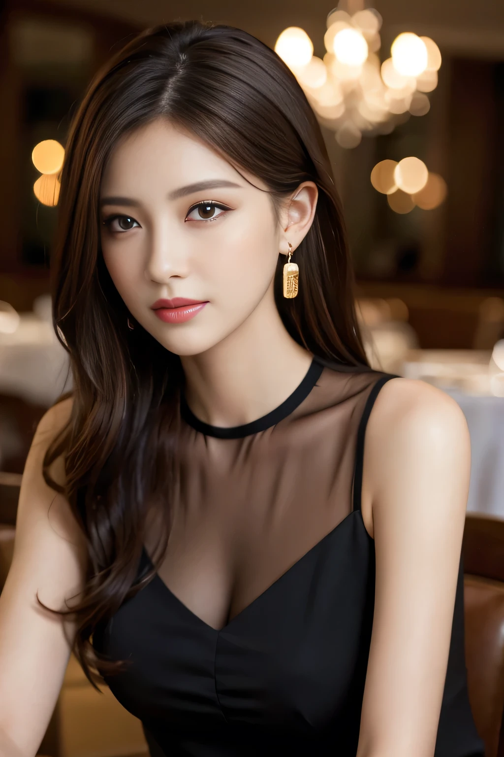 masterpiece, highest quality, Realistic, Very detailed, Finer details, High resolution, 8k wallpaper, One beautiful woman, Wear an elegant black see-through blouse, In a great restaurant, At night, Light Brown Hair, Perfect dynamic composition, Beautiful and beautiful eyes、Big earrings、Sleeveless shirt、