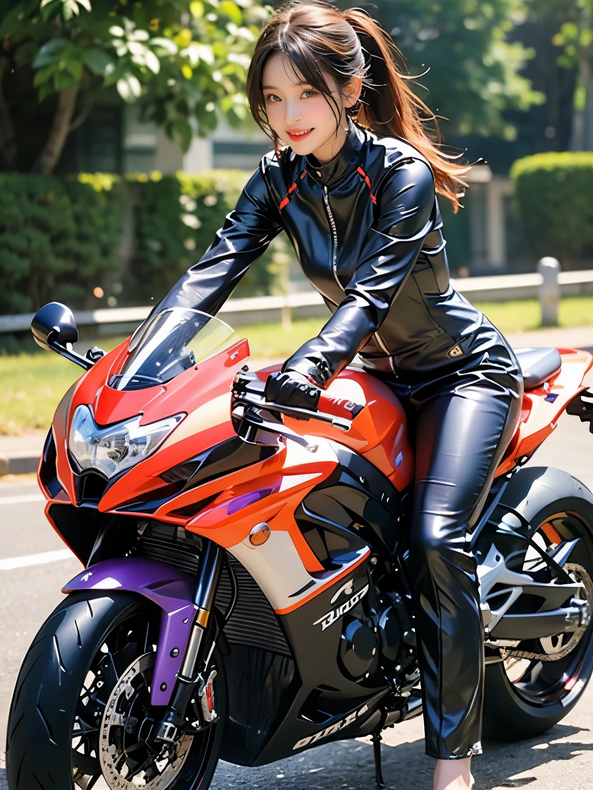 Riding a motorcycle、smile、Purple long sleeve racing leather suit