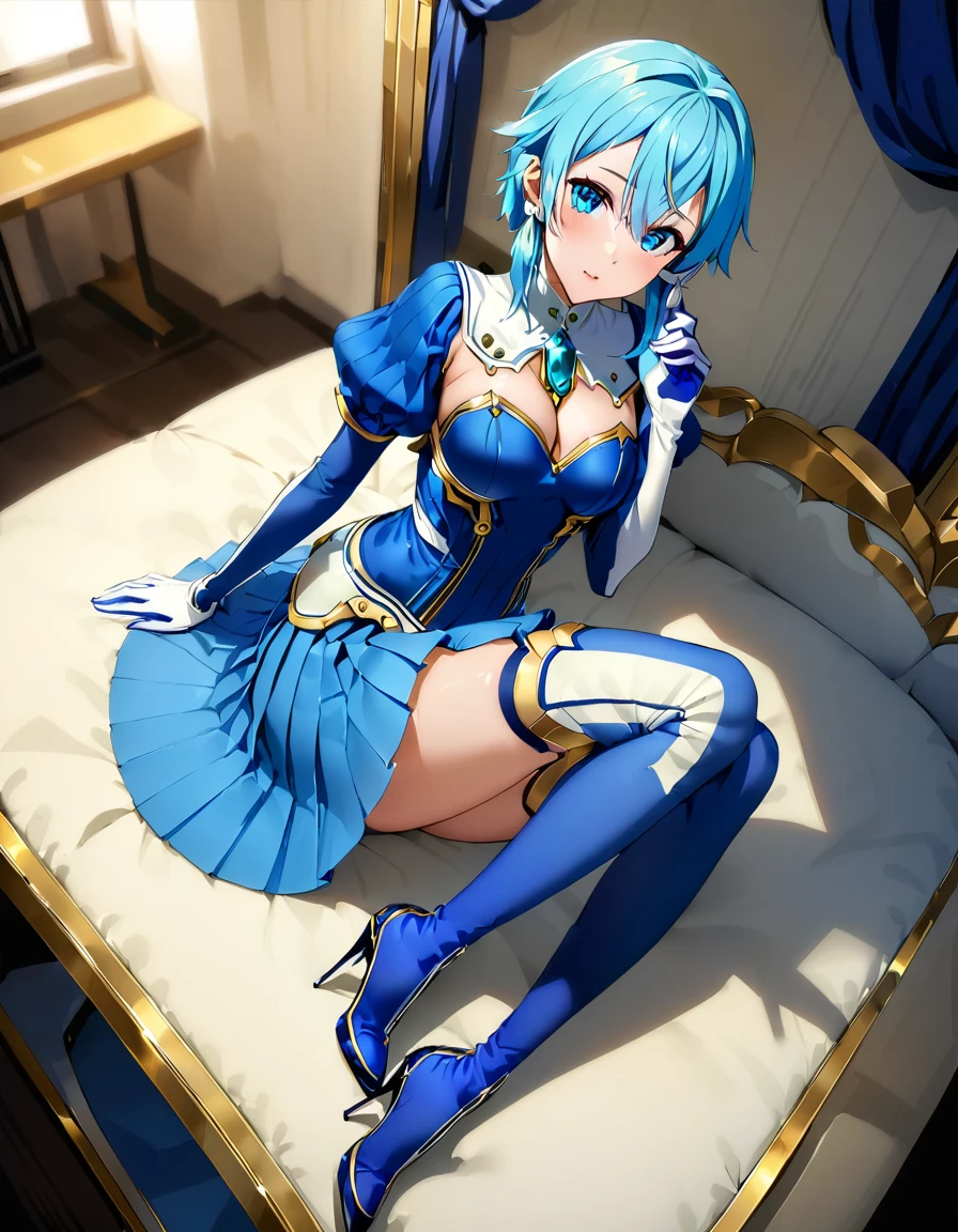 highest quality、unity 8k wallpaper、32k、masterpiece、Very detailed、Ultra-high resolution、Very detailedな顔、RAW Photos、Professional、Ultra-fine painting、Archer of the Sky, Sinon Solus、light blue short hair、Sky blue eyes、Blue magical girl costume、Deep indigo ribbon with a large sapphire brooch、half puff sleeves、(((Blue pleated skirt with white lines)))、Blue and white long gloves、Indigo thigh-high stiletto heel boots with gold molding