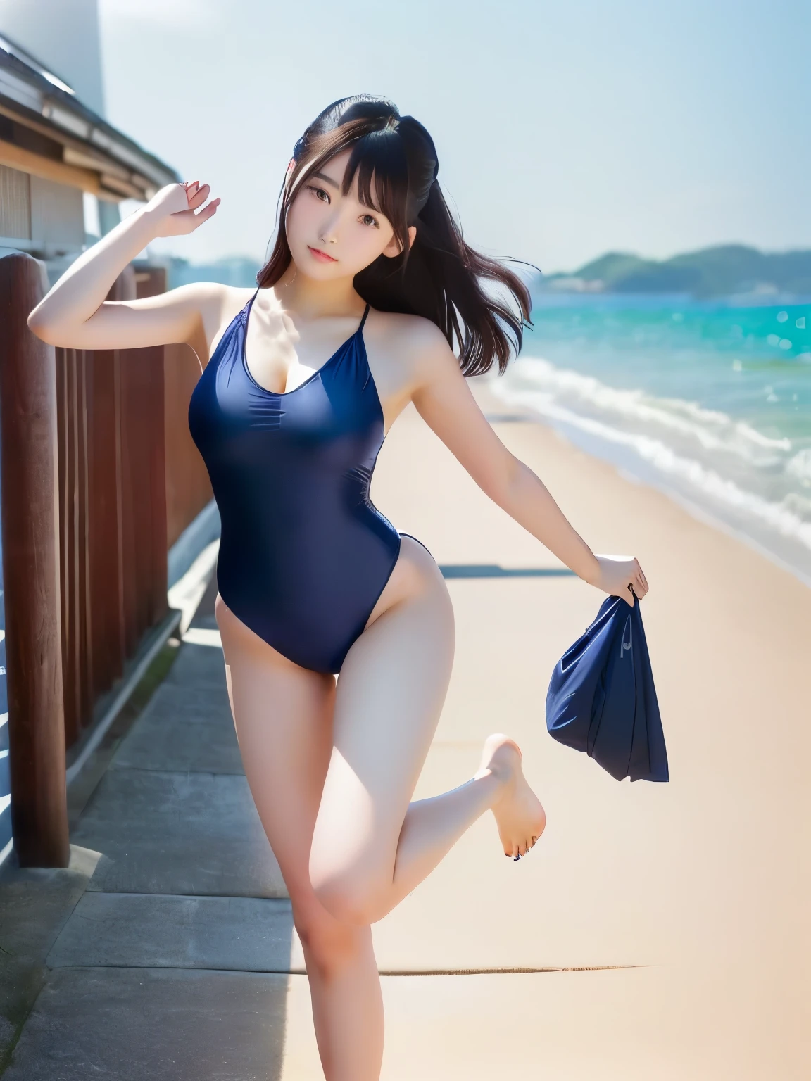 A woman in a navy blue one-piece swimsuit is running, wearing Japanese , Japanese girl , Beautiful face with arms and legs, Strike a Pose, Anime Thai Girl, Korean Girls, young asian girl, Japanese Girls, A young and cute gravure idol, Young and pretty girl, of a youthful Japanese girl, Japanese , Girl in swimsuit、coastal,Beach