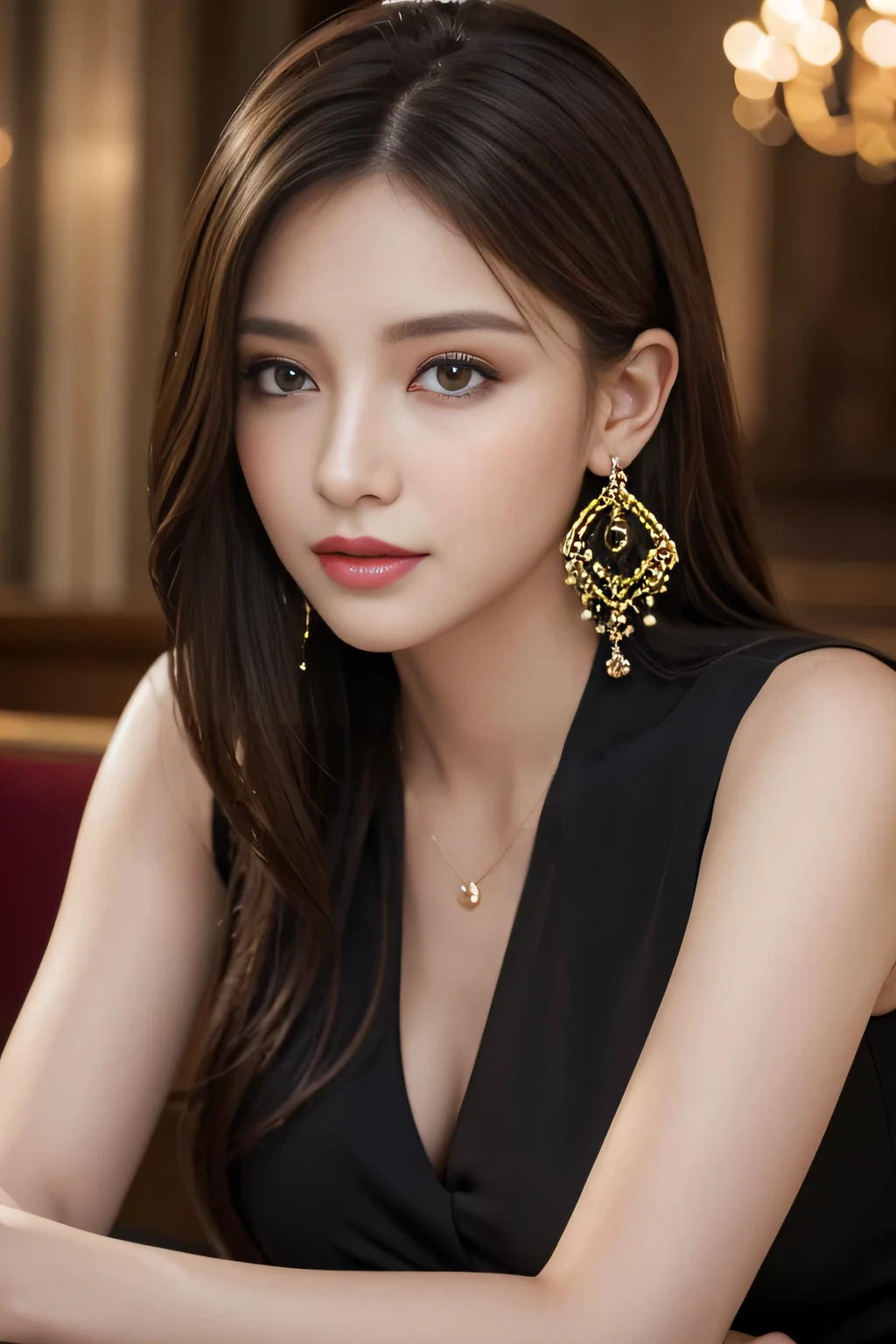 masterpiece, highest quality, Realistic, Very detailed, Finer details, High resolution, 8k wallpaper, One beautiful woman, Wear an elegant black see-through blouse, In a great restaurant, At night, Light Brown Hair, Perfect dynamic composition, Beautiful and beautiful eyes、Big earrings、Sleeveless shirt