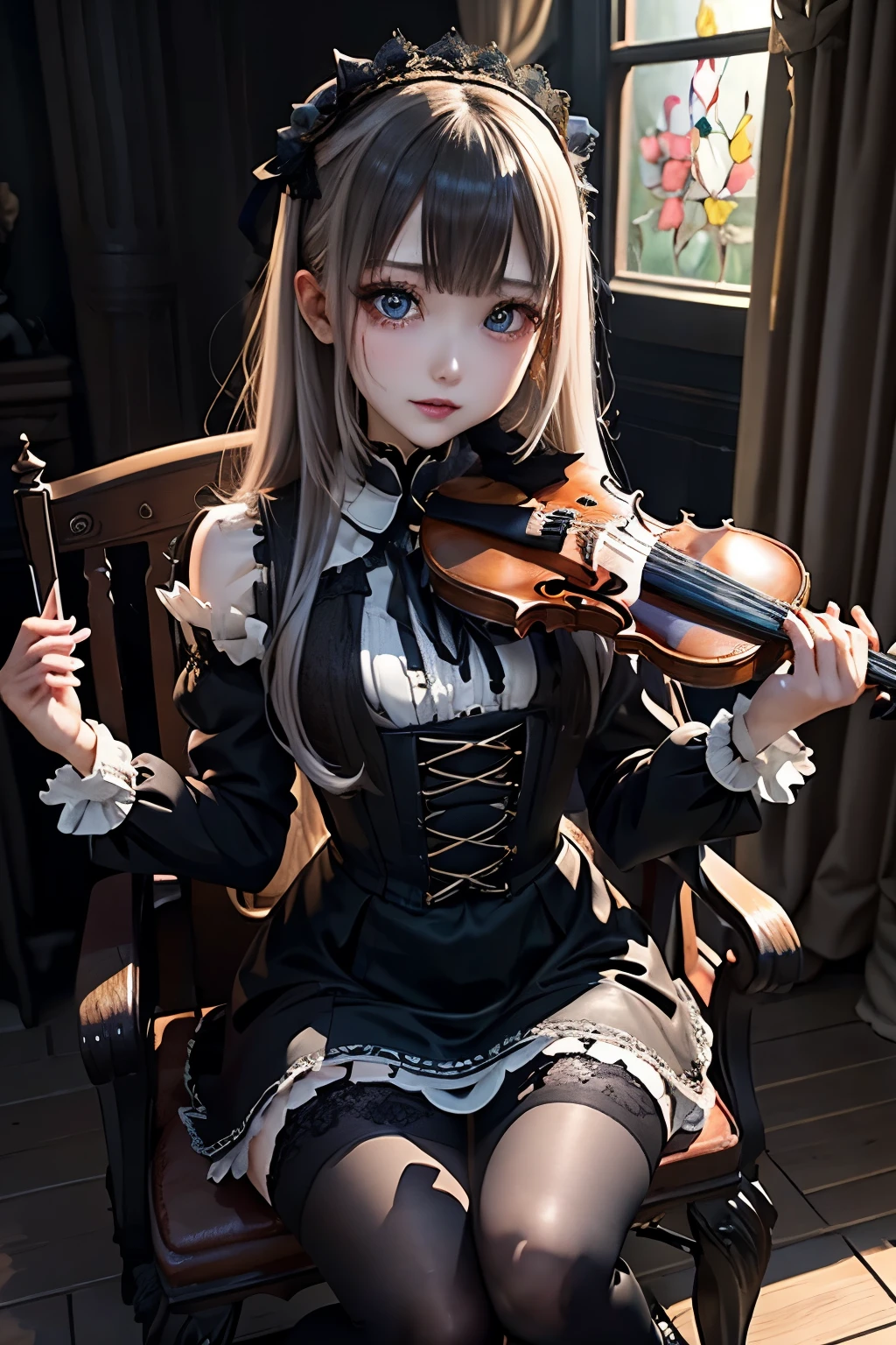 ハードDark Gothicメイク、Deep Night Sky、Horror、Black dark eyeshadow、sad、Good skin radiance、Dark Gothicメイク、Dark smile、palace、24-years-old、Embarrassed look、Dark Gothic、Obscene language、highest quality、Drunk face、紫のMaid clothes、Mysterious、Noble、sexy、Loving smile、Right blue eye, Left eye is red、Platform Heel Shoes、Heavy makeup、Gothic Lolita Clothing、Silver Hair、Long Hair Straight Hair、Cute Gothic Lolita Dress、Beautiful Face、elegant features、Fascinating face、Stained glassが背景、Chest glistening with sweat、The room is dark、gothic long dress、Bell Sleeves、Wizard Sleeve、Decadent look、Sexually excited expression、Glossy thighs wet with water、Thighs that are wet and shiny with oil、Background of a room full of roses、The embroidery is pink、The dress has pink embroidery、Thigh-high socks、Knee-high socks、Gentle expression、Dark black eyeshadow、Stained glassと薔薇背景、Female Duo、Female couple、dark church background、Stained glass、Black metal world、Dark Castle、Slender body、gothic long dress、Maid clothes、Victorian dresses、Her thighs glisten with sweat、My body is wet and shiny、Lots of glitter on the thighy thighs are sticky from sweating、Sweat glistens on the thighs, The whole body is sweaty and shiny、Quite sweaty、My thighs are sweaty、My thighs are so wet、My thighs are shining with sweat、A lot of sweat glistens all over the body、Small breasts、Orchestra StageStage、Dynamic Angle、sitting on a gothic chair、Play the violin gracefully、With a violin、Press the violin strings、violinist、orchestra performance、Thin thighs、slender、Violin body and strings、Sit on a chair、pantyhose、Hime cut straight hair、