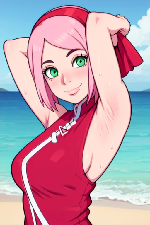 masterpiece, best quality, looking at viewer, upper body, portrait, looking at viewer, seductive smile, put your hands behind your head, armpits, armpits visible, sweaty armpits, haruna sakura, large breasts, short pink hair, green eyes,wearing red outfit, red bandana, beach backround, adult, 50 years old