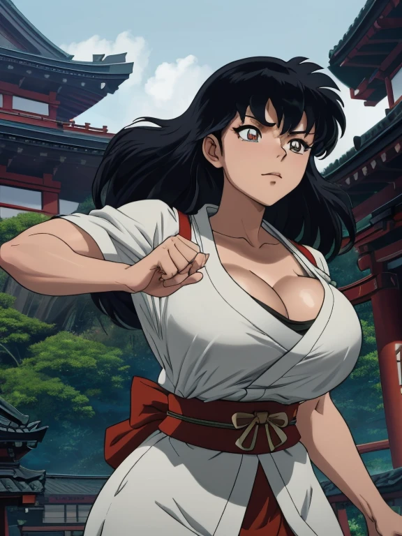 ((Masterpiece)), ((Best Quality)), (4K quality), ((Detailed face:1.2), (Detailed eyes:1.2), (Detailed pupils:1.2), Kagome Higurashi, 25 years old, matured face, beautiful detailed eyes, ultra detailed eyes, extremely detailed face, large breasts, cleavage, very busty, big hips, strong muscles, athletic physique, She stands tall while wearing a short green kimono. she's looking directly at the camera with an confident smirk. Her gaze is both alluring and fierce as she is in a fighting stance, female fighter, she's a martial artist, (Throwing a punch:1.1). (bouncing breasts:1.2), motion line, Motion Blur. Full body portrait, Perfect Anatomy,(Professional Lighting), 4k textures, raw photo, epic artistic, photoreal art, sharp focus, even lighting, insane details, intricate details, hyperdetailed, rich colors, BREAK Outdoors, forest, Japanese architecture in the background
