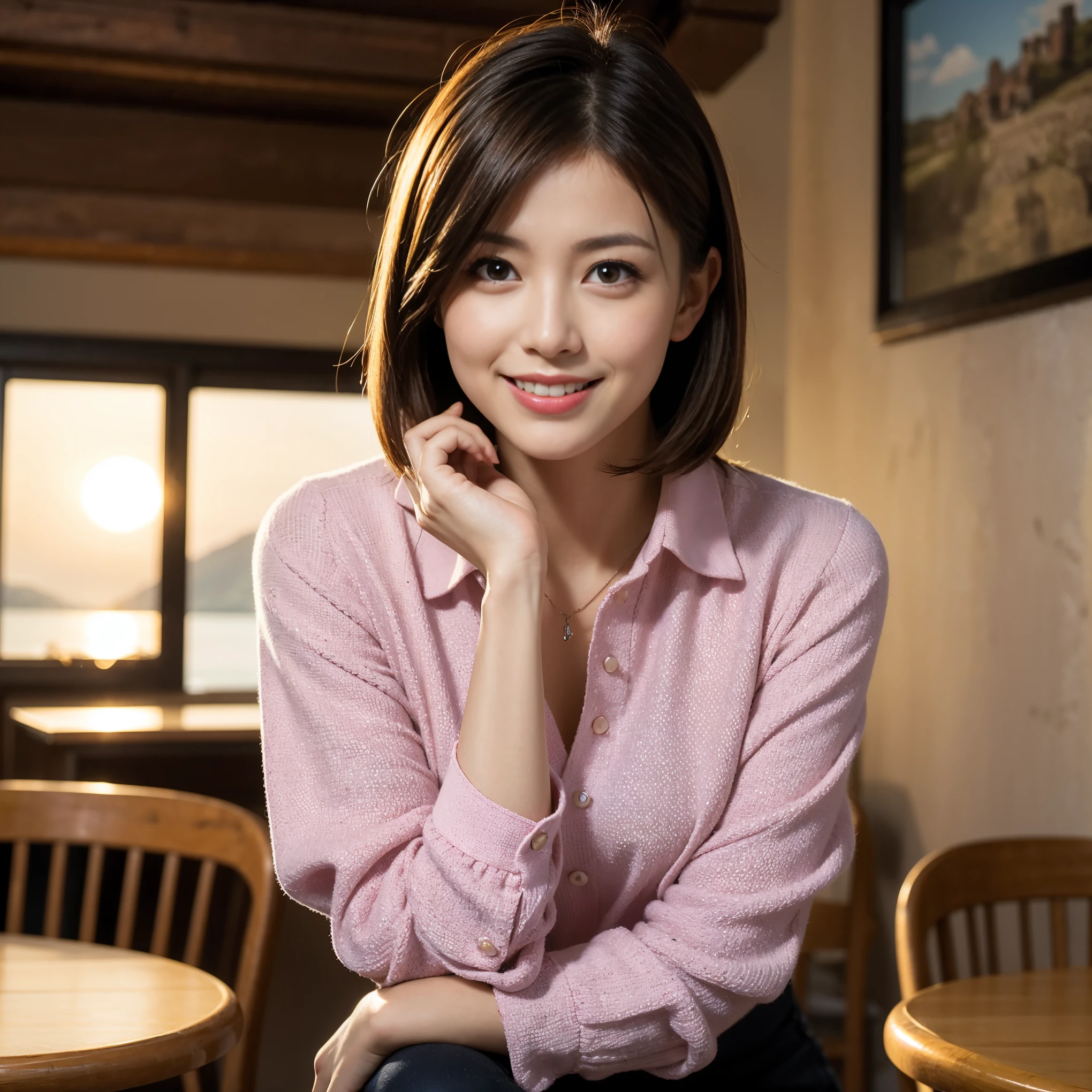 ((highest quality、8k、masterpiece:1.3))、Satomi Ishihara lookalike beauty、1 male、1 female、Couple、Spouse、half、The body is slim、((Bob Hale、Straight hair:1.2)), (Realistic, Intricate details:1.2), Wine glass on the table、Shine light on your face、 Amazing view of the sunset sky and clouds、Amazing mountain views、A bright smile、The wonderfulness of smile、Bright image、The beauty of wine, Beautiful Face, blue eyes, The light shines on your face, Blushing, short hair,Bright Face、 (Age 37), 39 years old, red wine 、Appetizers、Italian food、Wine bottle、Champagne、sparkling wine、Two beauties、Brown Hair、Shortcuts、Long sleeve shirt、dress、Pretty Woman 1, (Slim face), (The body is slim), (Brown Hair), (Shortcuts), cheeks turn a little red,Attractive beauty、restaurant, In a prominent place (From the waist up) Nova Frog Style, actress, model, Upper Body, White wine, slim, wine glass, A wine glass placed in the center, smile, (smile: 1.15), Beautiful fine grain, Depth f/2,saturation, High Contrast, Strong light and shadow,Moist Body:1.5、3D texture、Delicate eyes、Brown Hair、The hair is very shiny、
