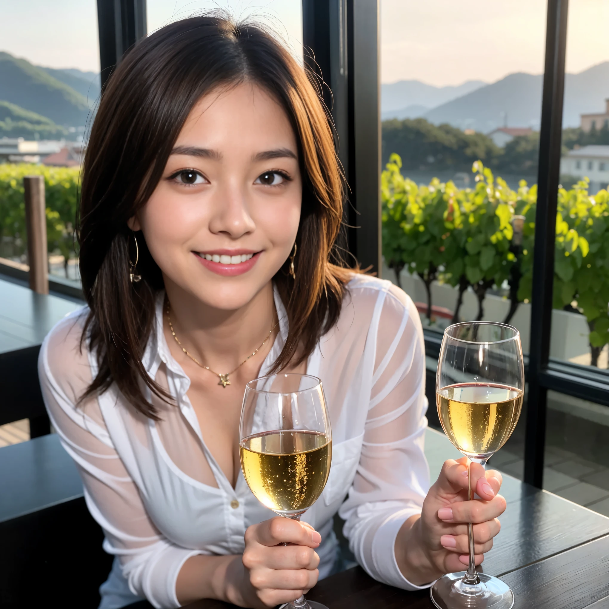 ((highest quality、8k、masterpiece:1.3))、Satomi Ishihara lookalike beauty、1 male、1 female、Couple、Spouse、half、The body is slim、((Bob Hale、Straight hair:1.2)), (Realistic, Intricate details:1.2), Wine glass on the table、Shine light on your face、 Amazing view of the sunset sky and clouds、Amazing mountain views、A bright smile、The wonderfulness of smile、Bright image、The beauty of wine, Beautiful Face, blue eyes, The light shines on your face, Blushing, short hair,Bright Face、 (Age 37), 39 years old, red wine 、Appetizers、Italian food、Wine bottle、Champagne、sparkling wine、Two beauties、Brown Hair、Shortcuts、Long sleeve shirt、dress、Pretty Woman 1, (Slim face), (The body is slim), (Brown Hair), (Shortcuts), cheeks turn a little red,Attractive beauty、restaurant, In a prominent place (From the waist up) Nova Frog Style, actress, model, Upper Body, White wine, slim, wine glass, A wine glass placed in the center, smile, (smile: 1.15), Beautiful fine grain, Depth f/2,saturation, High Contrast, Strong light and shadow,Moist Body:1.5、3D texture、Delicate eyes、Brown Hair、The hair is very shiny、