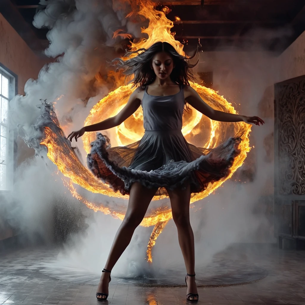 a girl dancing with the devil, whirl flames, grey smoke, fire shower, epicrealism, UHD, 8k, super detailed, intricate