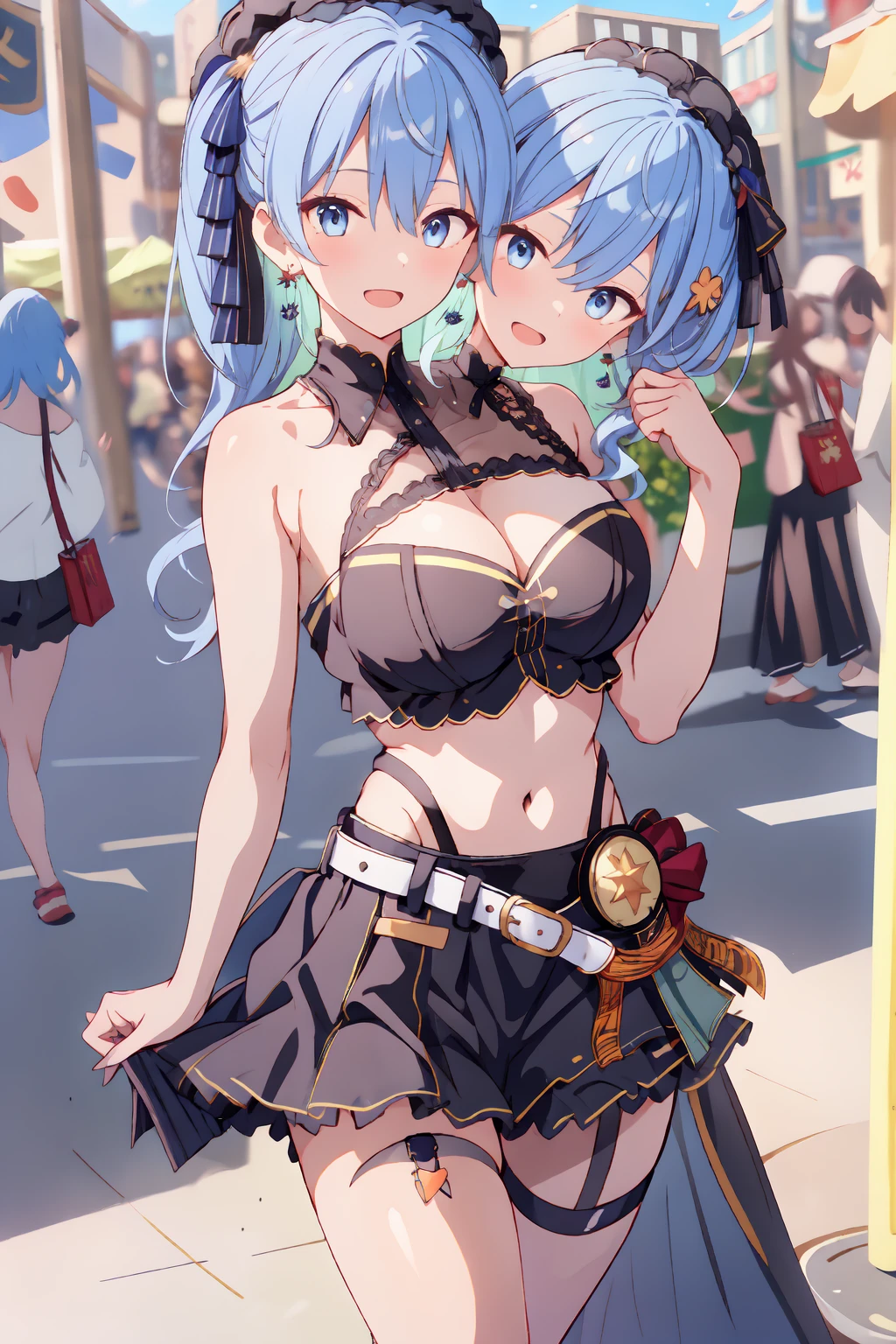 (masterpiece, best quality), best resolution, 16k, (3heads:1.5), close-up, 1girl, solo, HoshimachiSuisei, side ponytail, blue hair ribbon, SuiseiStreet, long hair, half updo, black beret, black miniskirt, miniskirtskirt, black crop top, sleeveless, bow earrings, bare neck, black belt, orange pantyhose, o-ring thigh strap, single garter strap, (cheek-to-cheek), ((hand holding a wallet)), ((eyes up looking sideways:1.3)), surprised, smiling, walking, open mouth, city, Shopping Street, street vendor, morning, open breasts, big tits, huge tits, open belly, exposed midriff