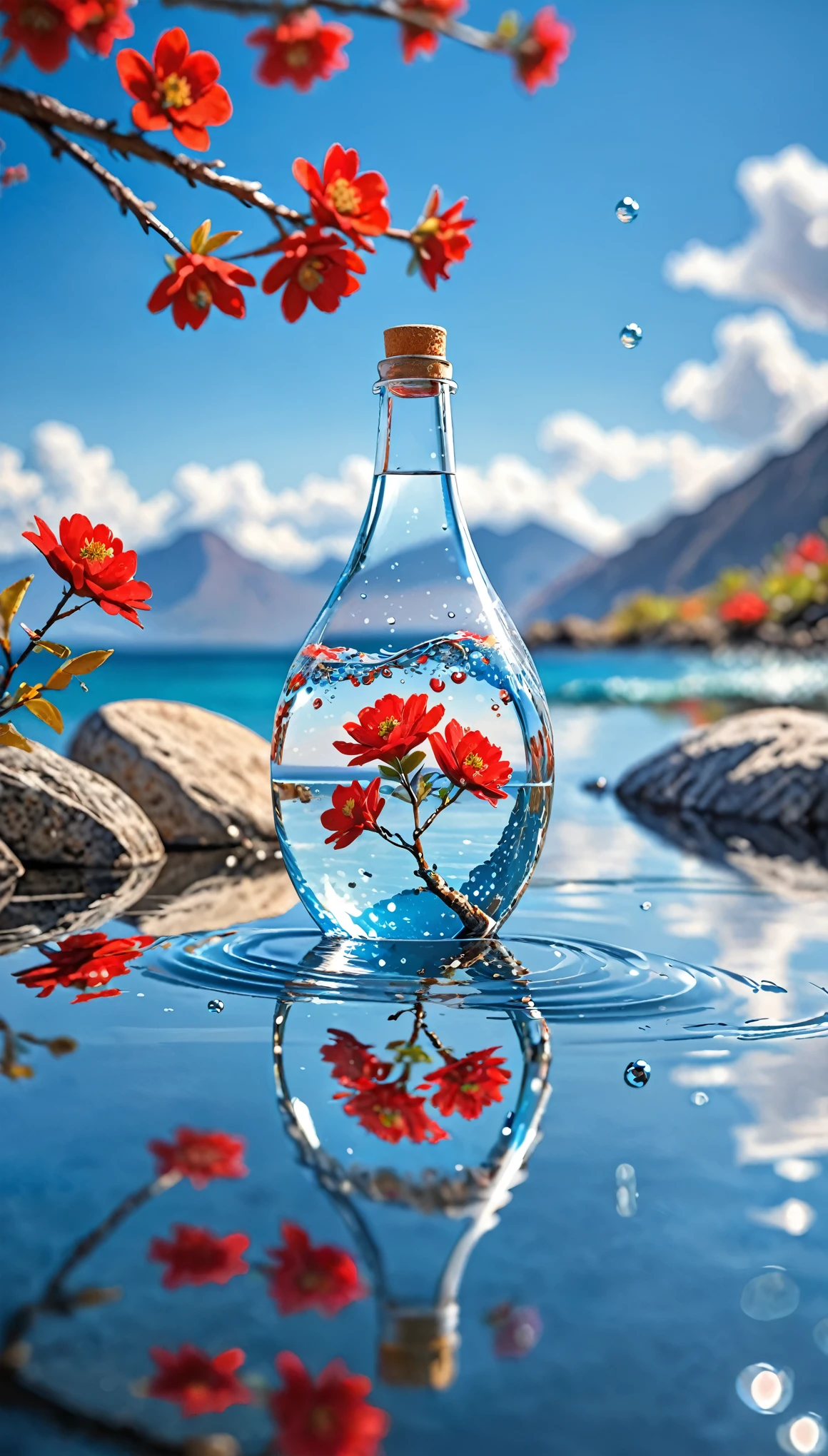 Outdoor, bottle, water, without humans, still life, blurry, bubble, scenery, water drop, ocean, day, sky, blue sky, cloud, blurry background, depth of field, reflection, solo, rock, motion blur, mountain, Red flowers, branch, ice