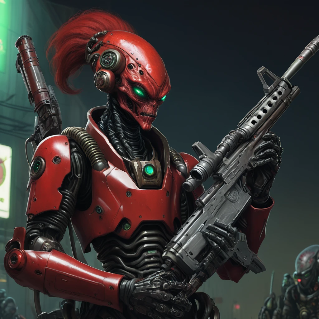 Tall, red-skinned alien, disfigured like a Fallout ghoul, with robotic helmet, and robotic armor, and sniper gloves. He is holding a Sniper