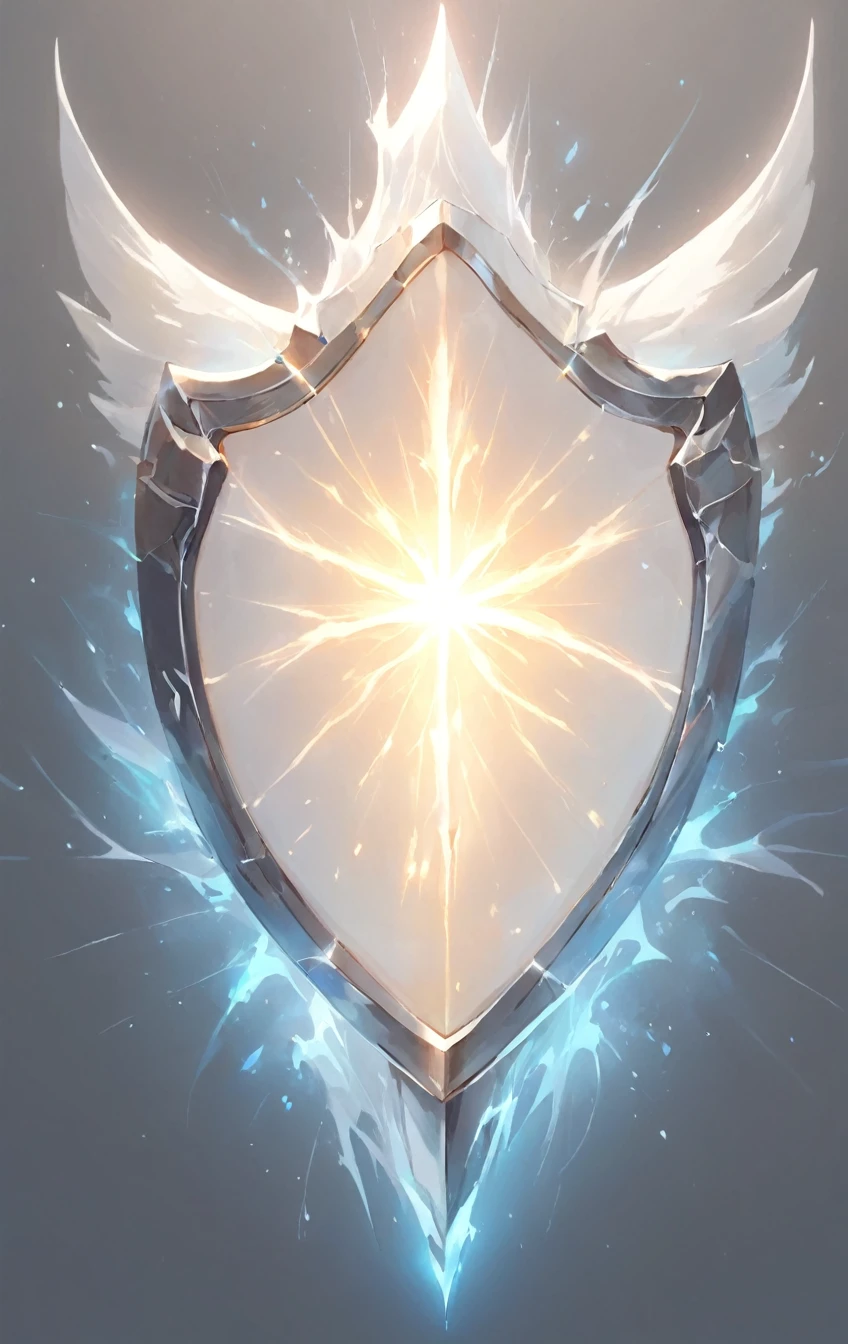 masterpiece, best quality, epic fantasy art style, simple shield (ethereal form, glowing white, made of pure energy and light, wispy form, force shield, energy shield), ultra high resolution, sharp focus, HD, 8k, clear details, zoom out to get the full shield in the image, simple background, show full shield, shield centered on image to allow ample background to show
